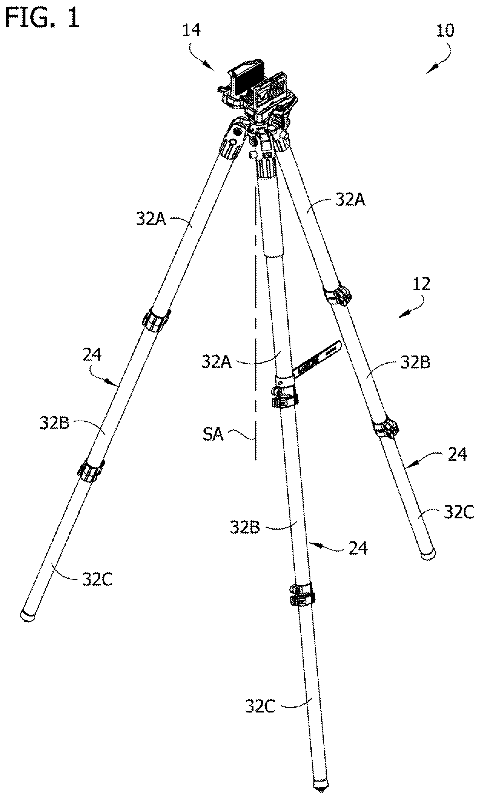 Patent US11841108 — Multi-legged equipment support having leg angle adjustment — Figure 1
