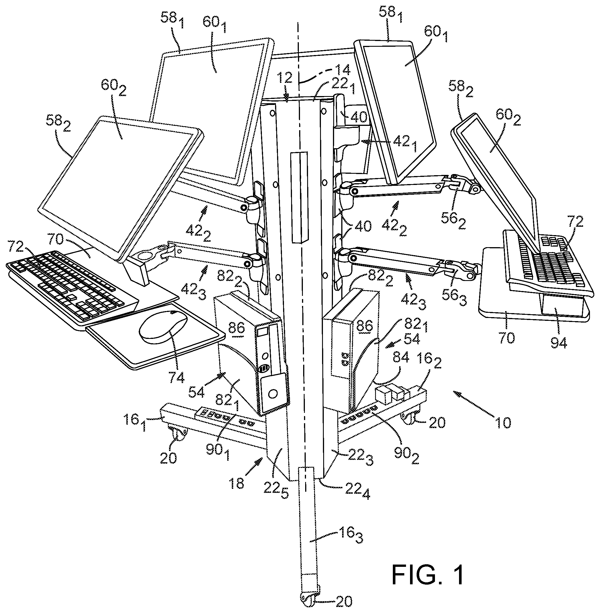 Patent US11841109 Figure 1 – Multi-workstation computer display support structure for reducing EHR-related medical errors occurring during inter-professional patient rounds