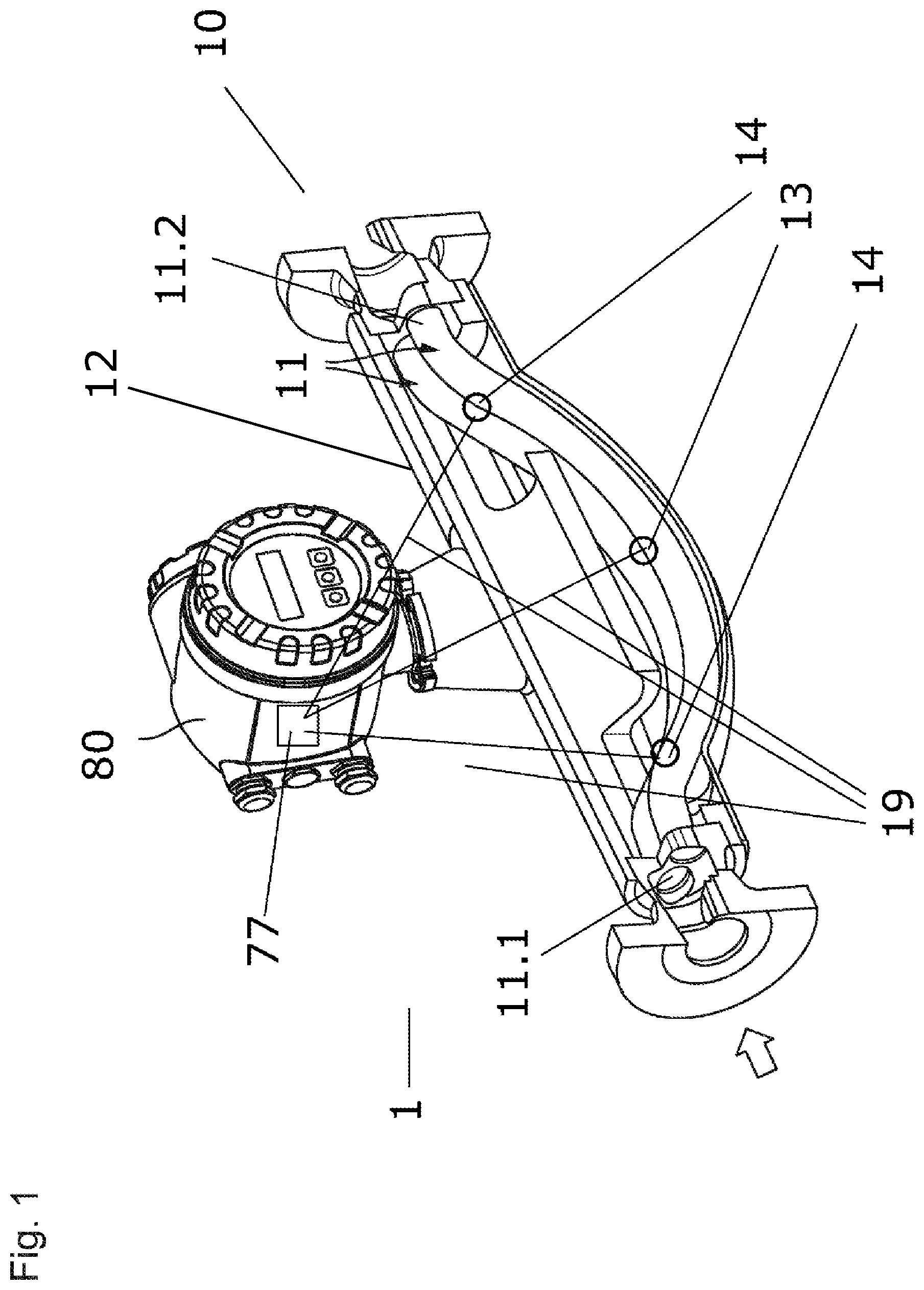 Patent US11841258 — Coriolis measuring sensor and coriolis measuring device having a coriolis measuring sensor — Figure 1