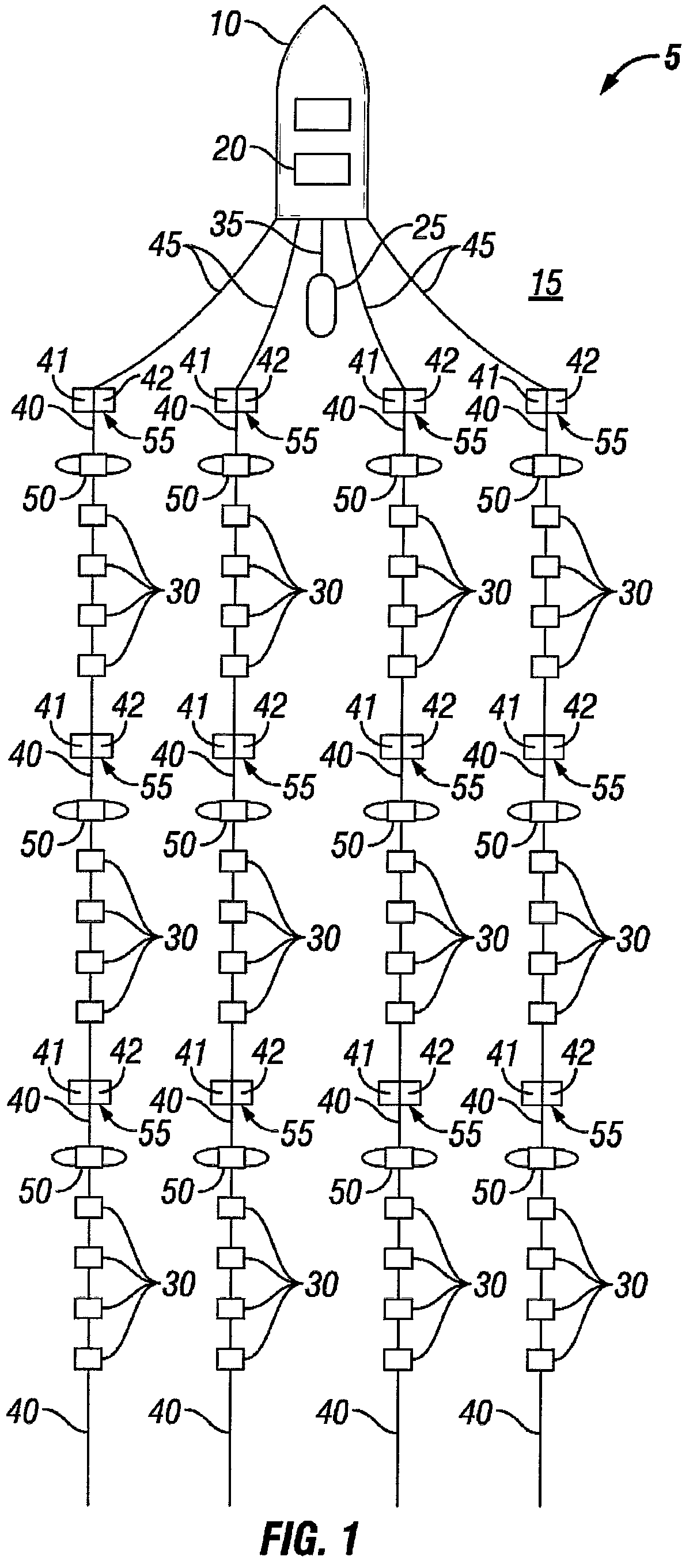 Patent US11841474 Figure 1 – Method and apparatus for dynamic roll compensation of streamer for marine geophysical surveying