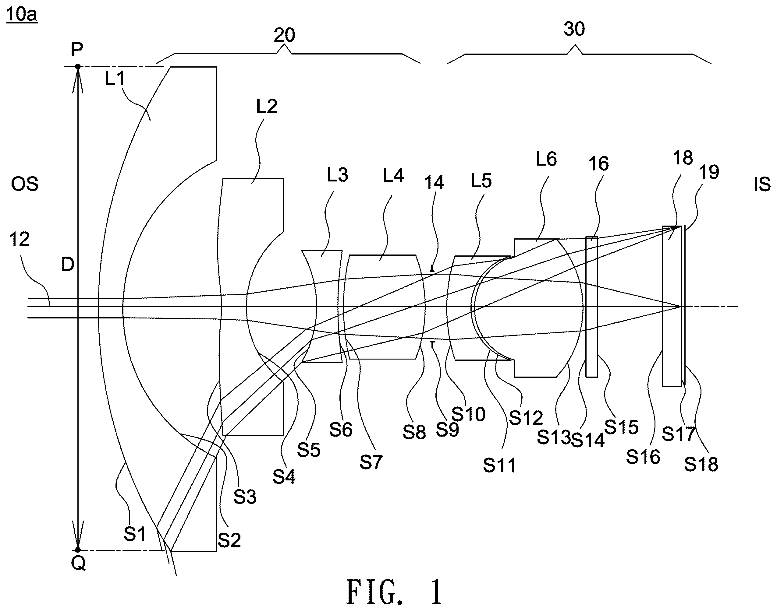 Patent US11841483 — Optical lens including five lenses of −−+−+, −−+++ or −−+−+, or six lenses of −−−+−+ or −−++−+ refractive powers — Figure 1