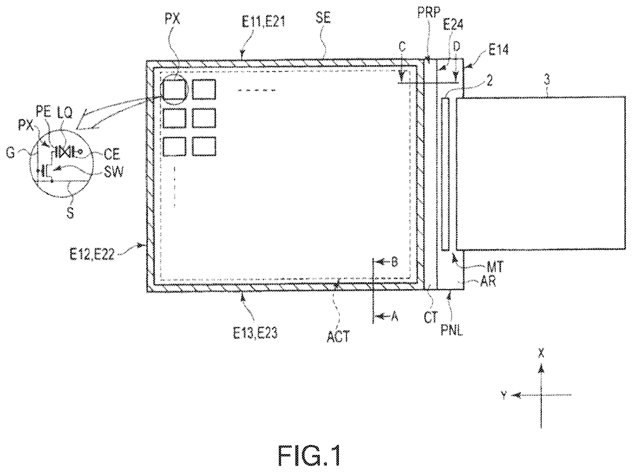 Patent US11841567 — Display device comprising first and second polarizing plates having ends located inside an end of a second substrate and an air gap between a resin layer and the second substrate — Figure 1