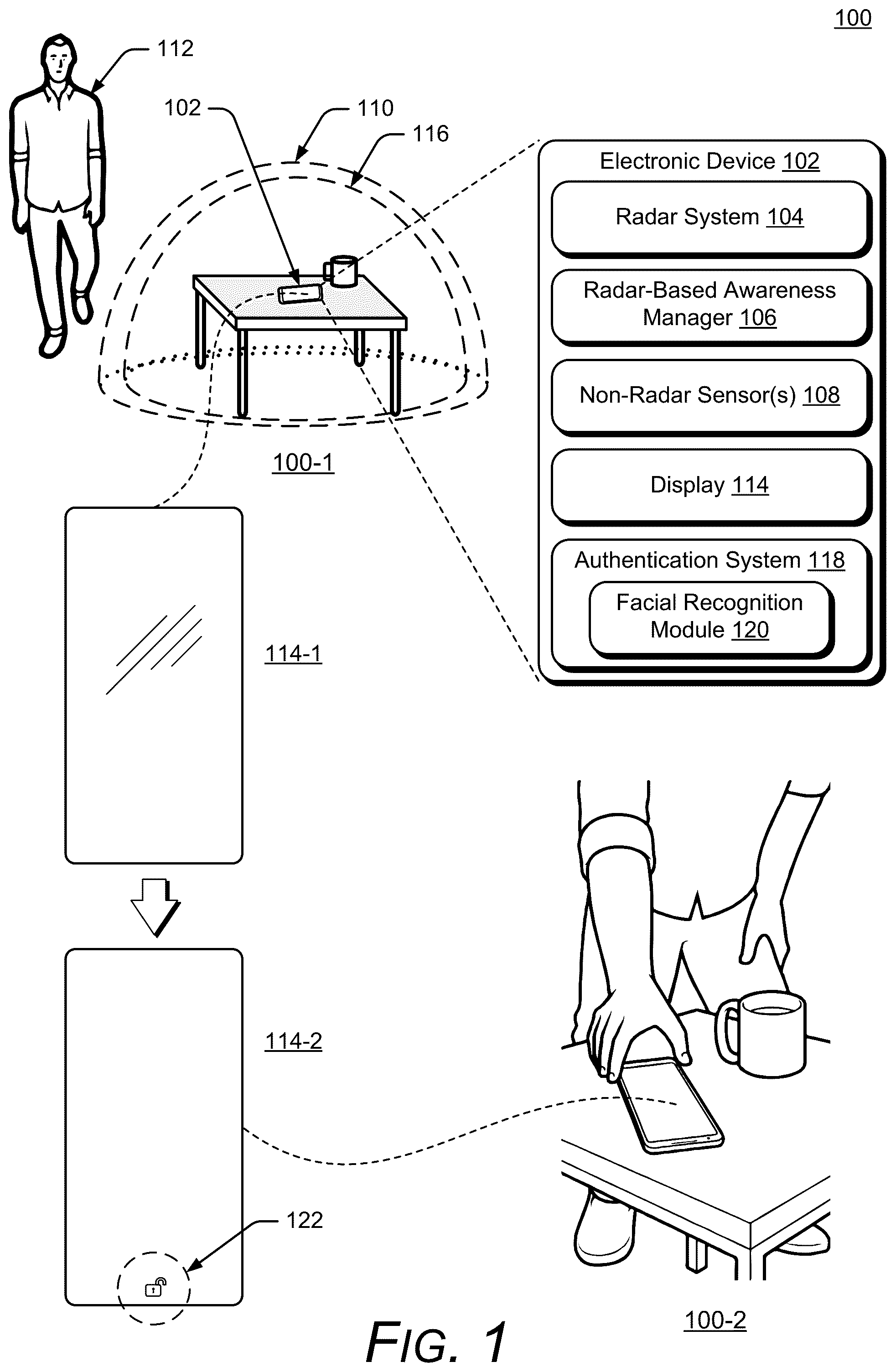 Patent US11841933 — Radar-based authentication status feedback — Figure 1