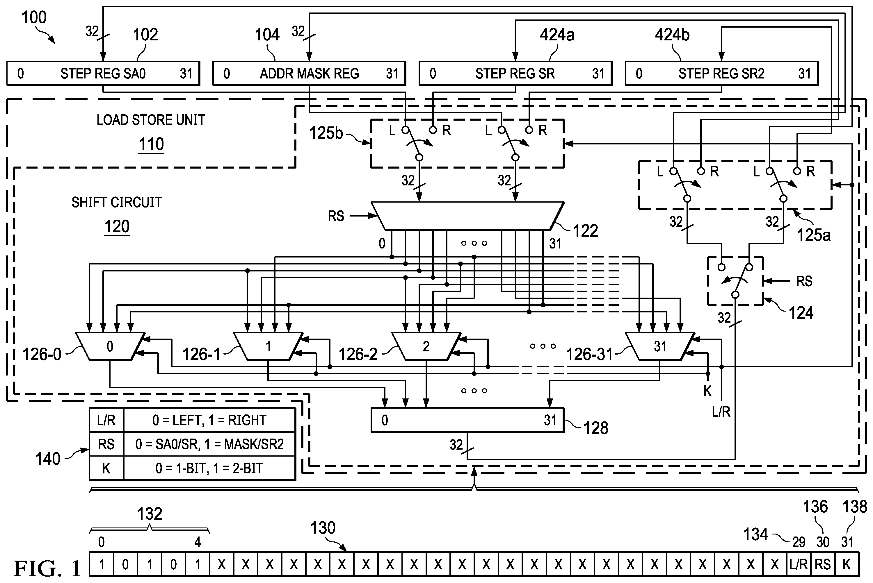 Patent US11847427 — Load store circuit with dedicated single or dual bit shift circuit and opcodes for low power accelerator processor — Figure 1