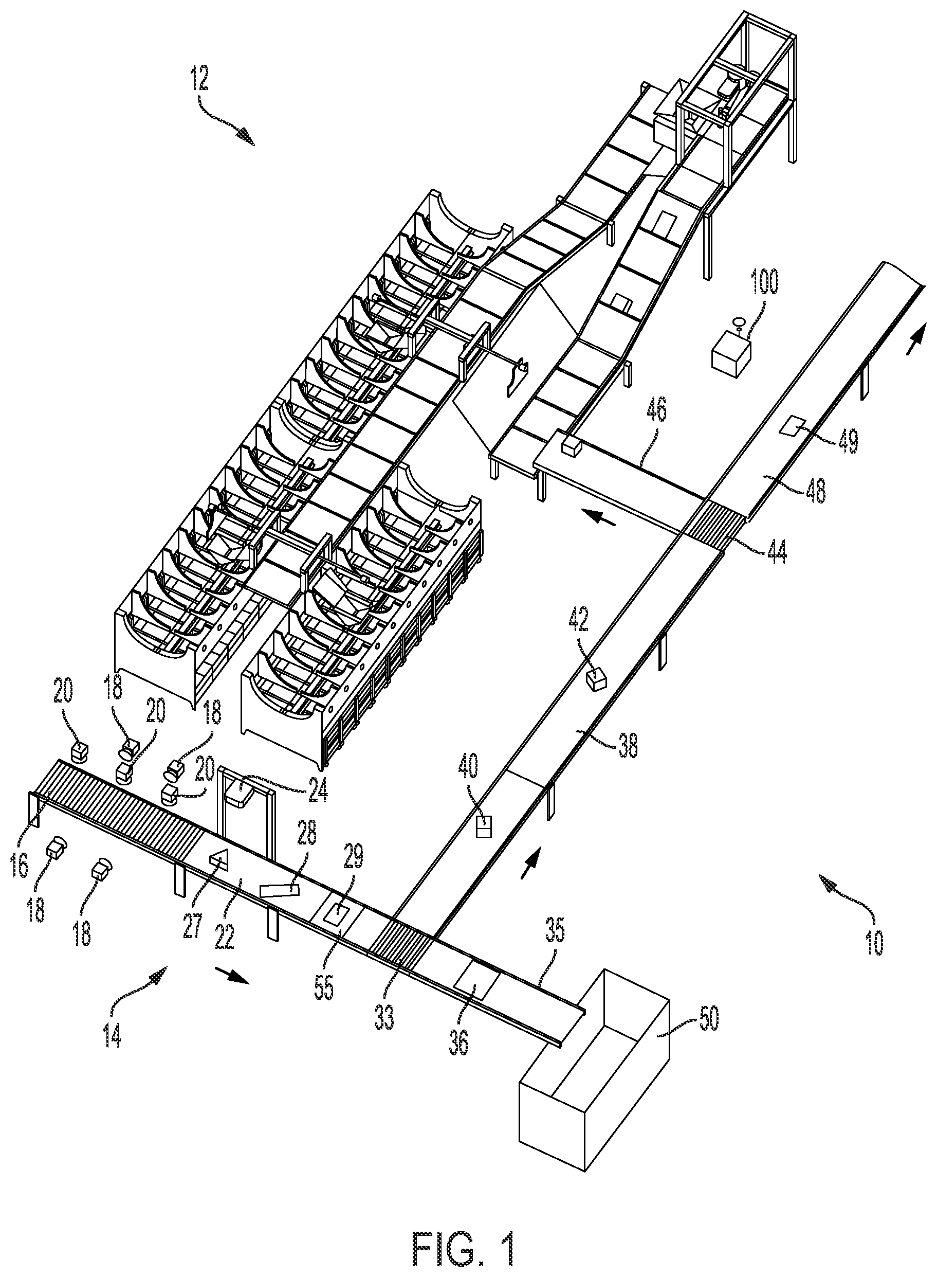 Patent US11847513 — Systems and methods for separating objects using vacuum diverts with one or more object processing systems — Figure 1