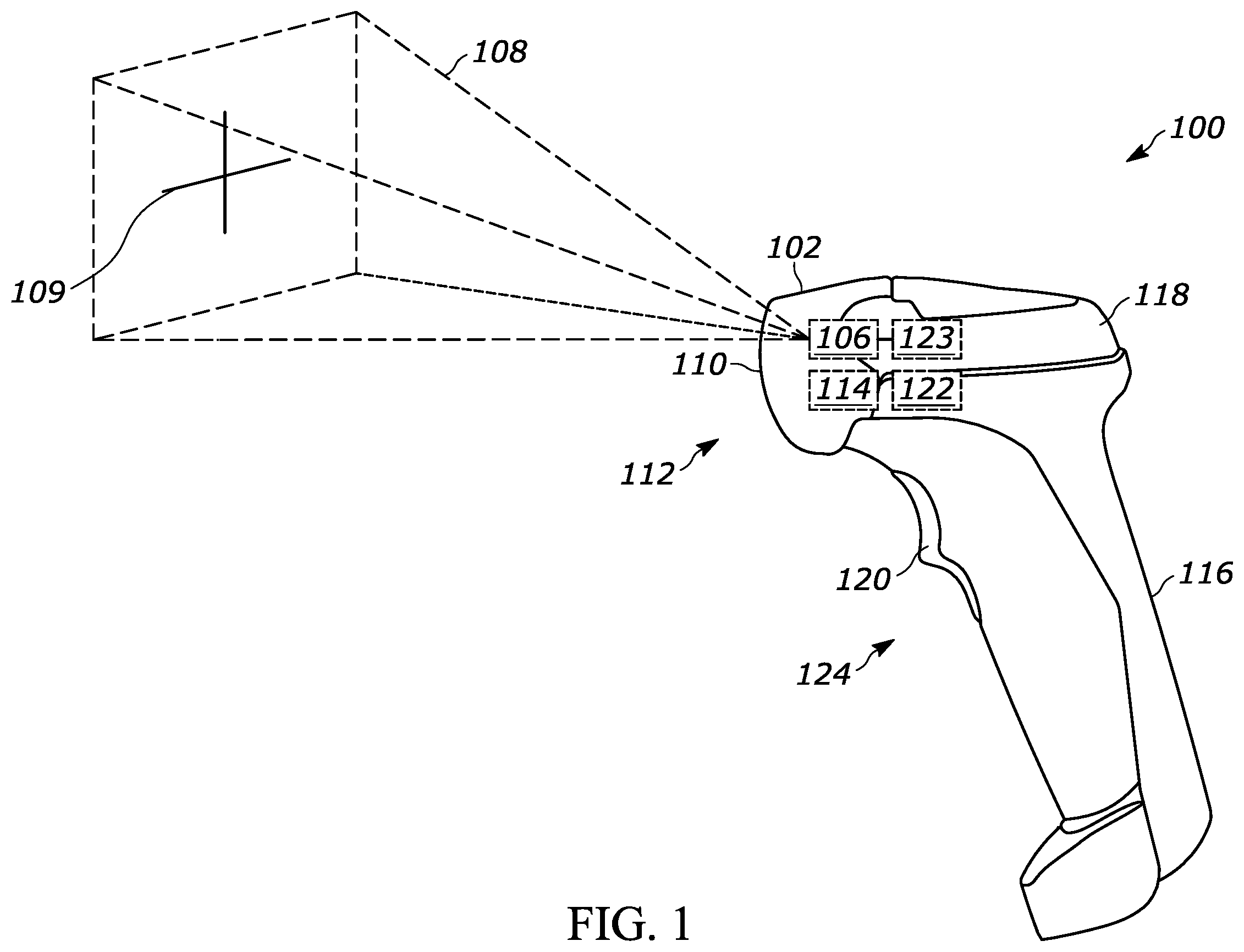 Patent US11847523 — Methods and devices for improving indicia decoding with an imaging device — Figure 1