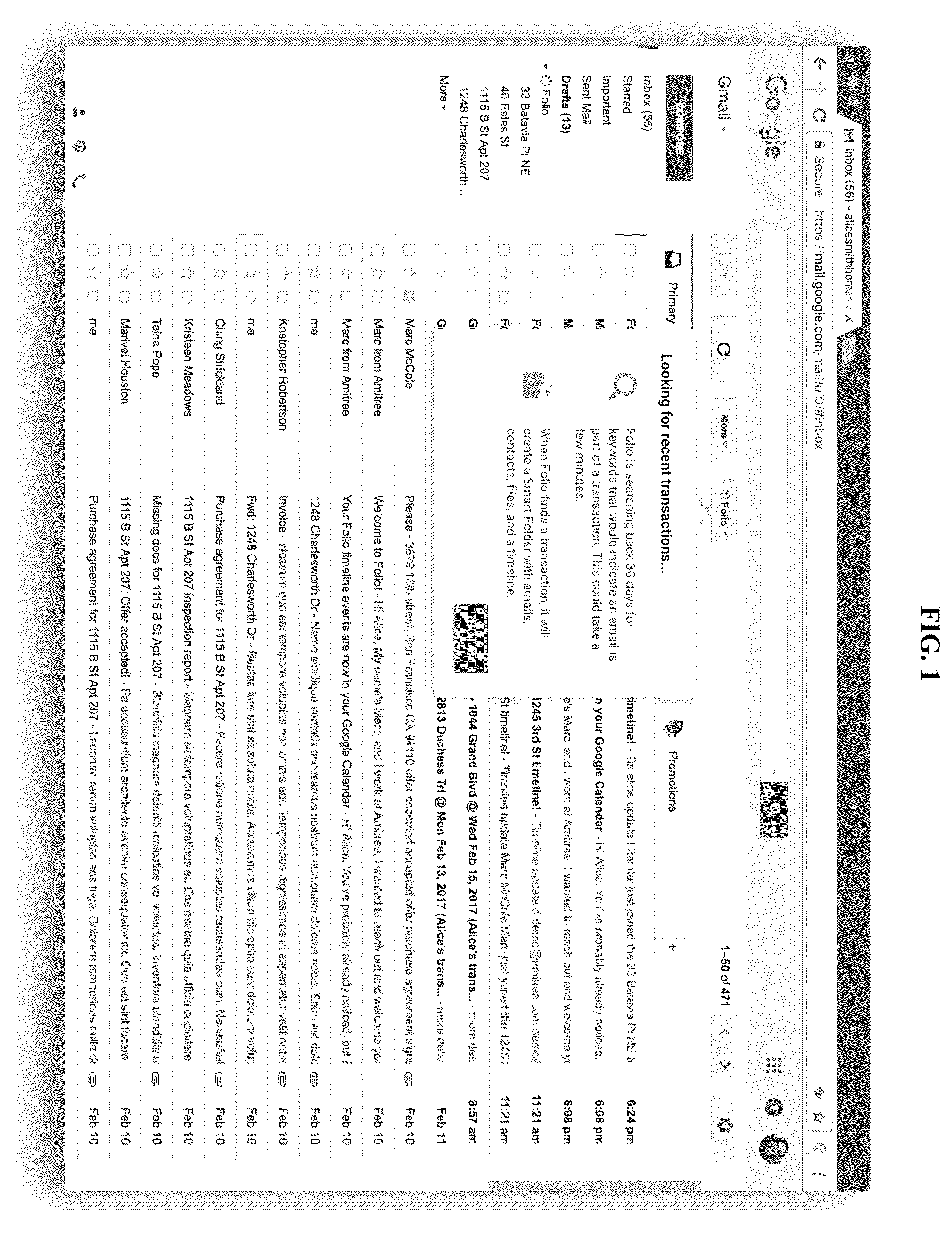 Patent US11847709 — Automated transaction workflow management application extending and improving an existing email application — Figure 1