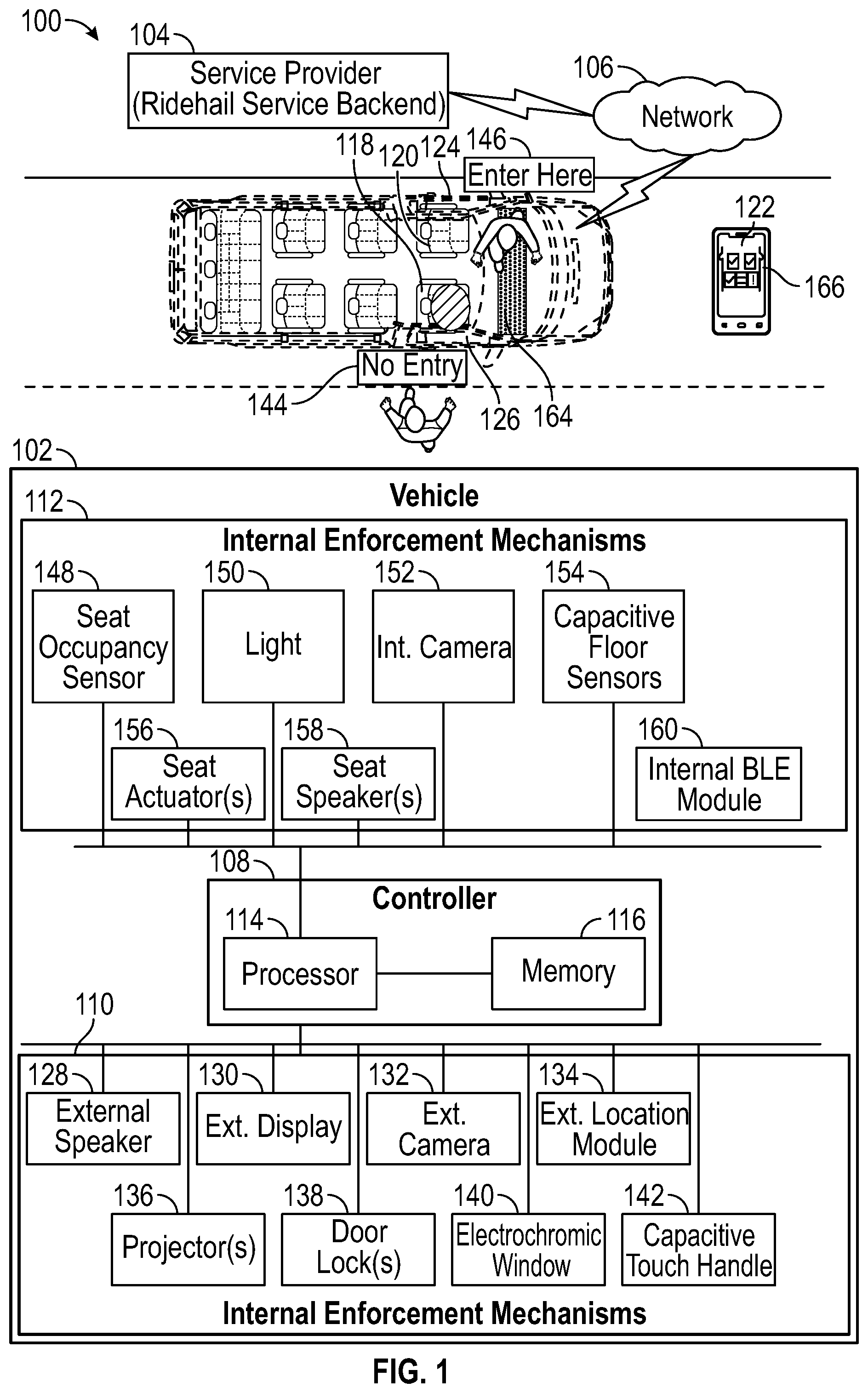 Patent US11847712 — Ridehail seat reservation enforcement systems and methods — Figure 1
