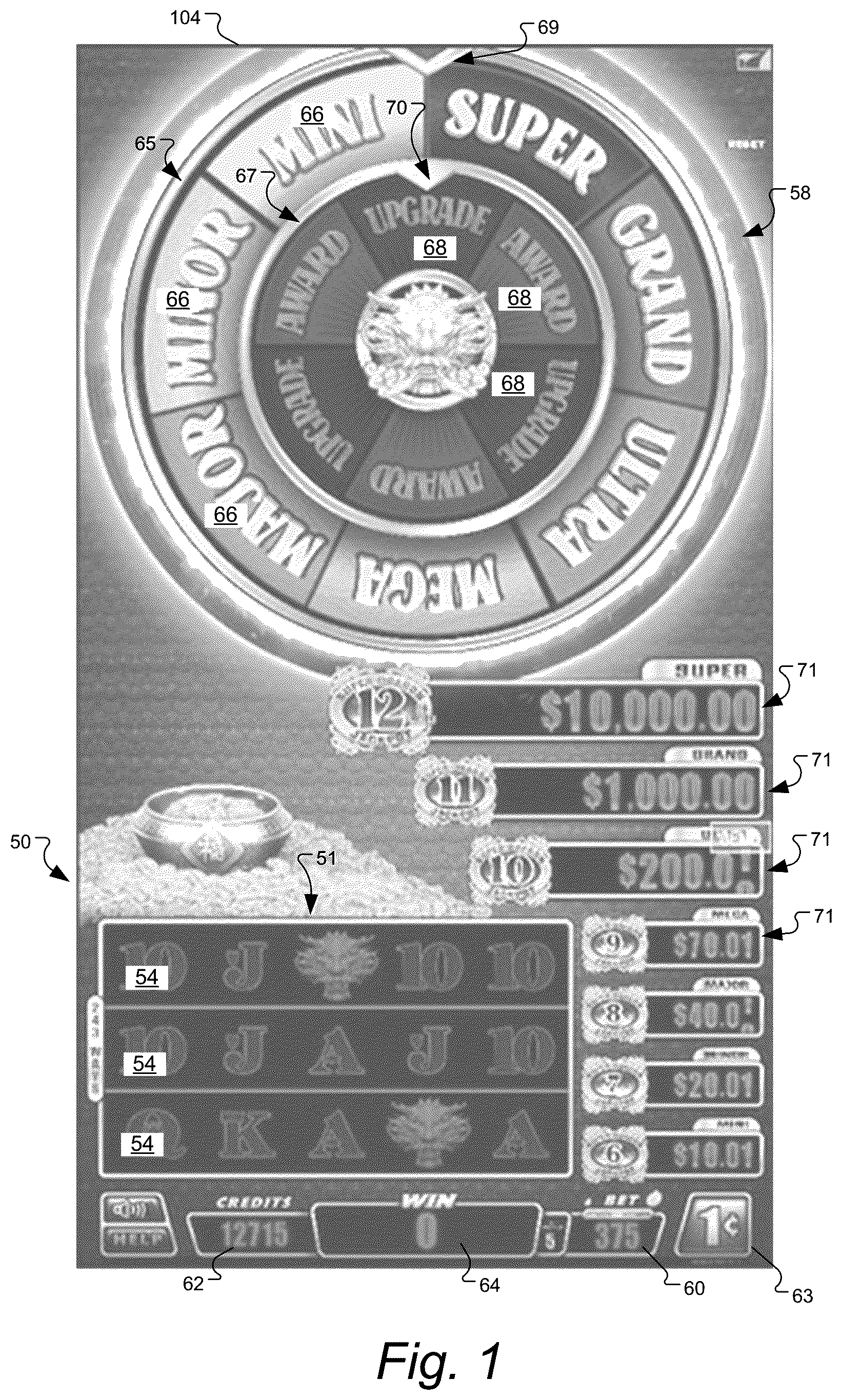 Patent US11847893 — Gaming machine and method with control outcomes in bonus games having bonus prize tiers — Figure 1