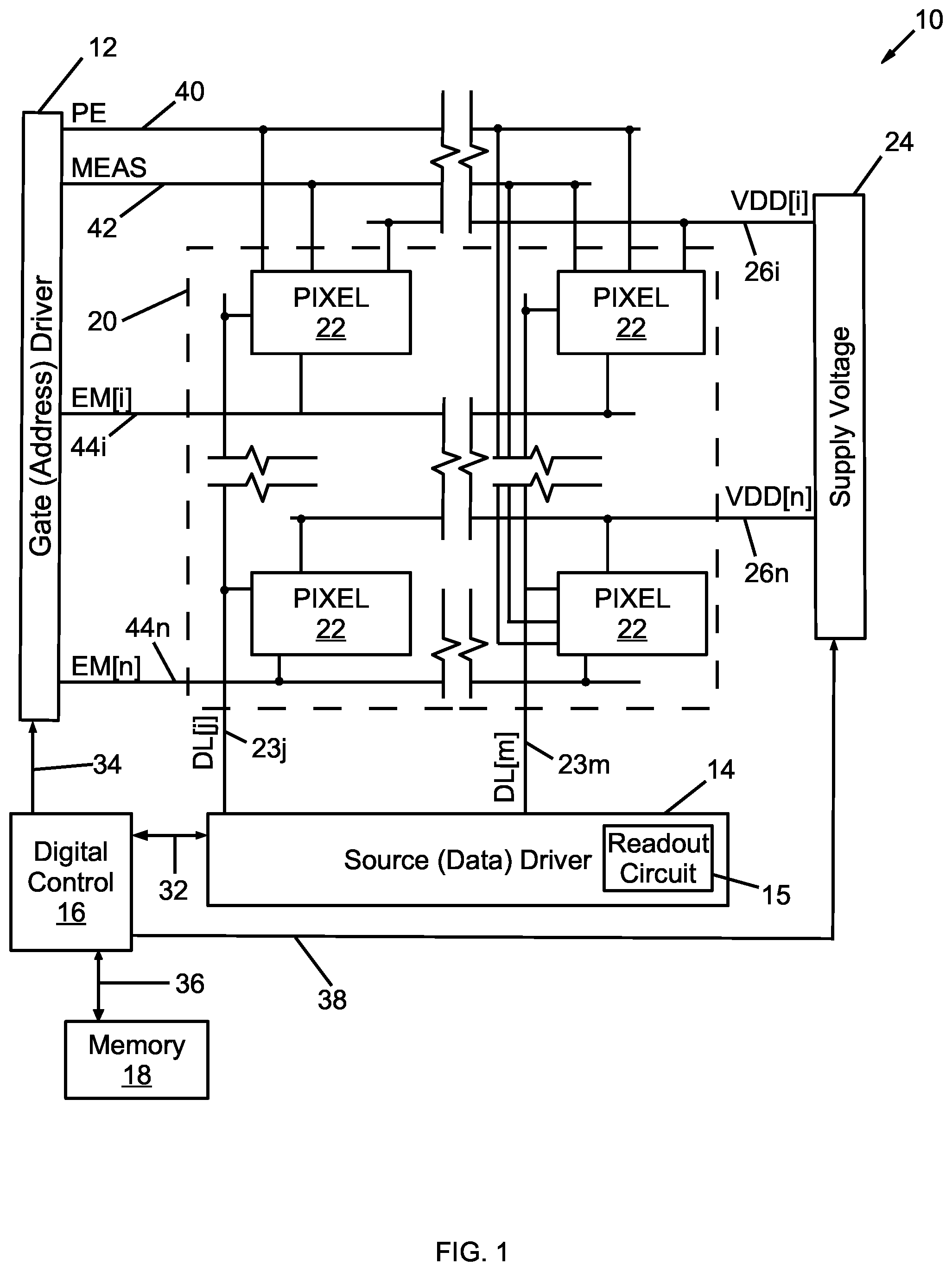 Patent US11847976 — Pixel measurement through data line — Figure 1