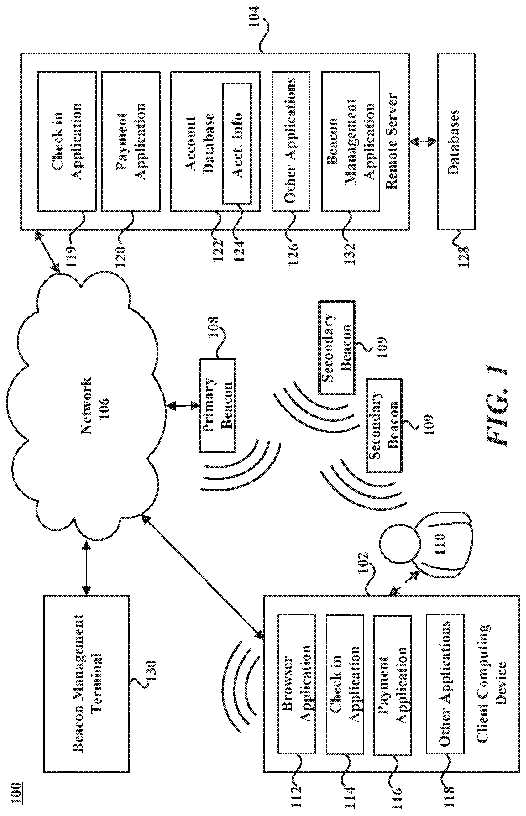 Patent US11854050 — Managing multiple beacons with a network-connected primary beacon — Figure 1