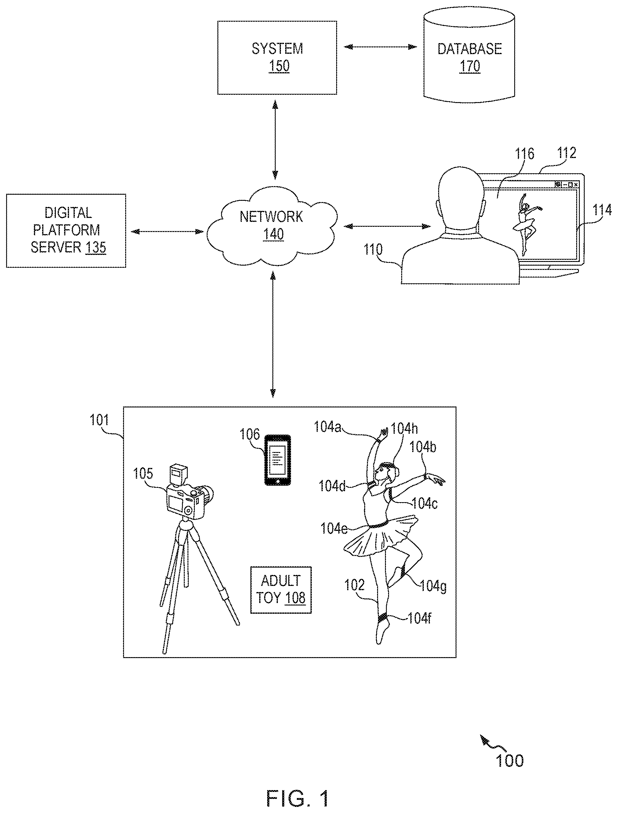 Patent US11854137 — Method and system for simulating a virtual performance using virtual characters for content viewers — Figure 1