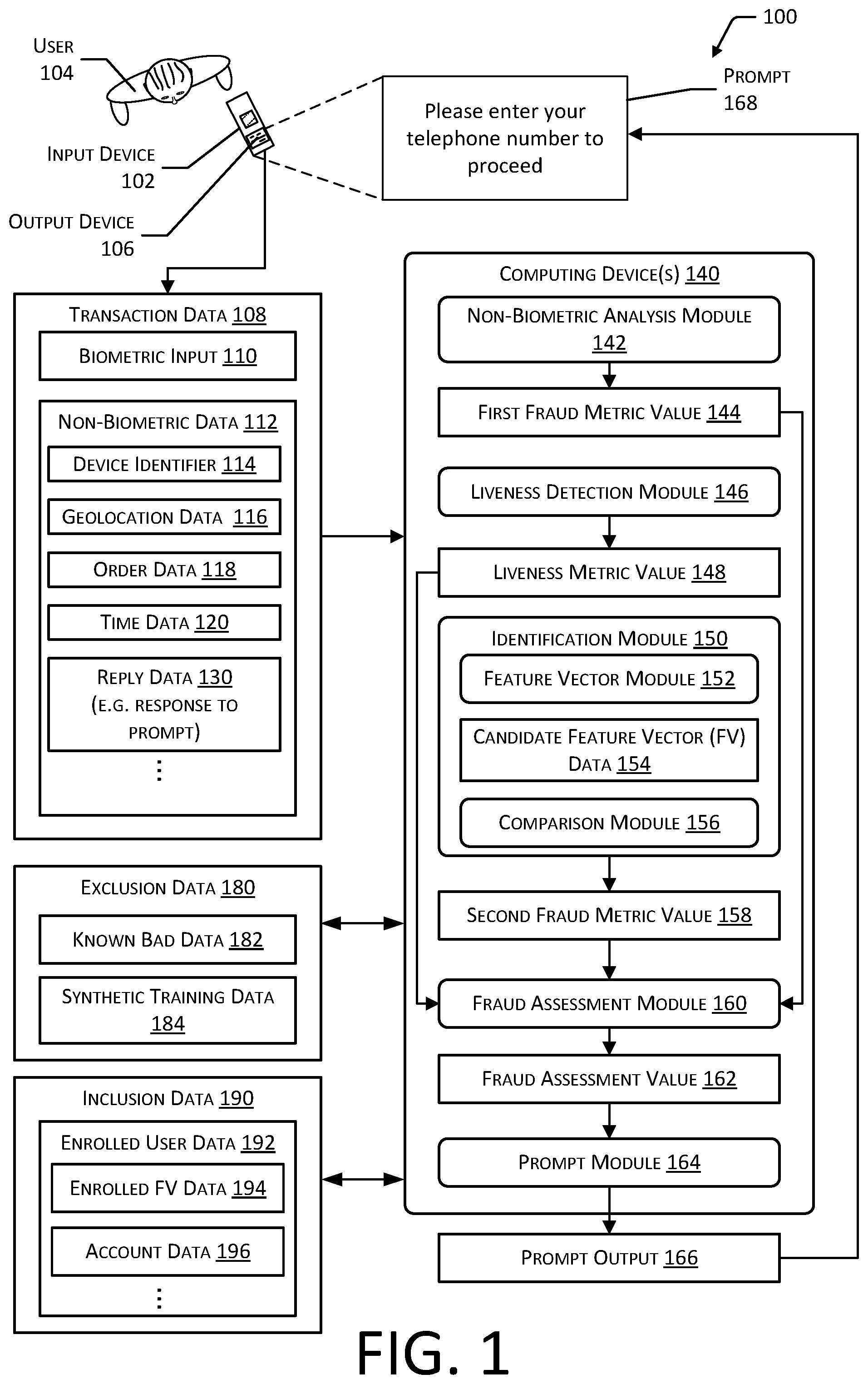 Patent US11854301 — System for detecting and mitigating fraudulent biometric input — Figure 1