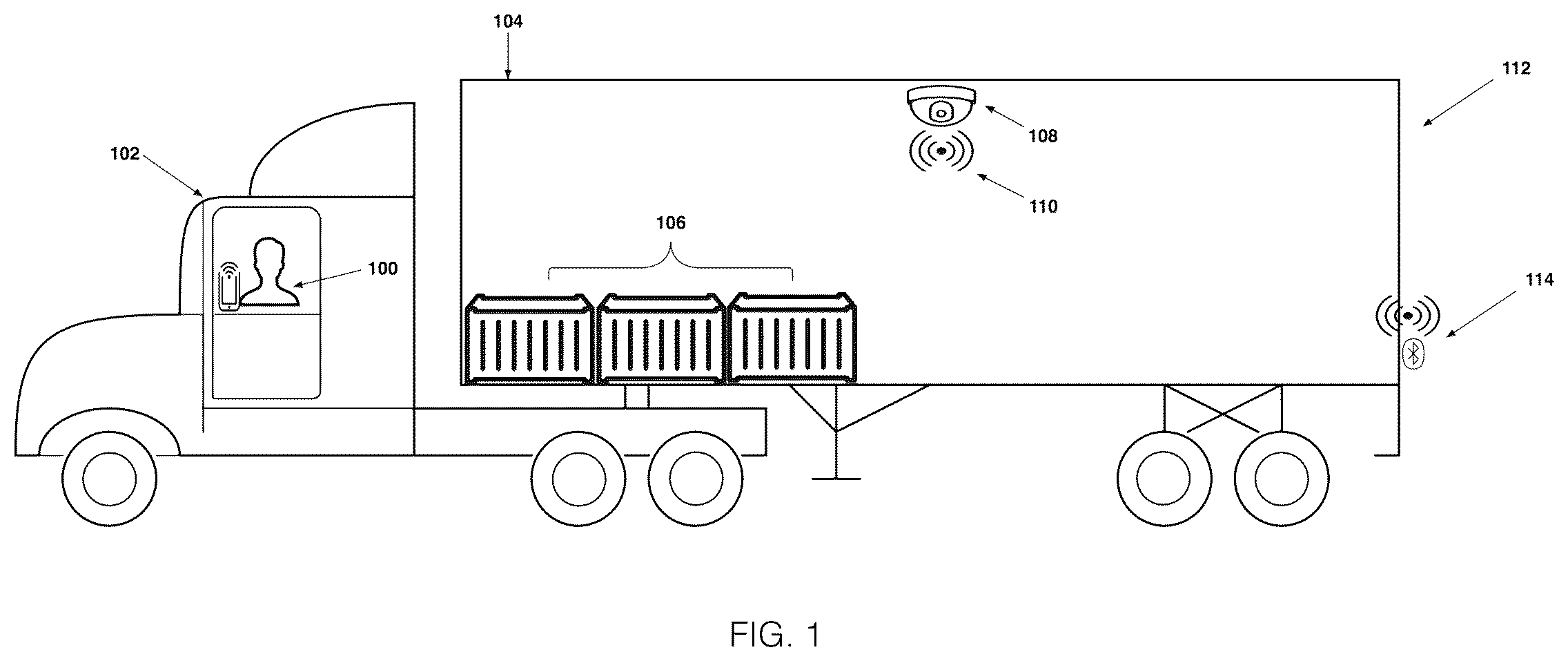 Patent US11854312 — Portable electronic wireless lock for efficiently managing and assuring the safety, quality and security of goods stored within a truck, tractor or trailer transported via a roadway — Figure 1