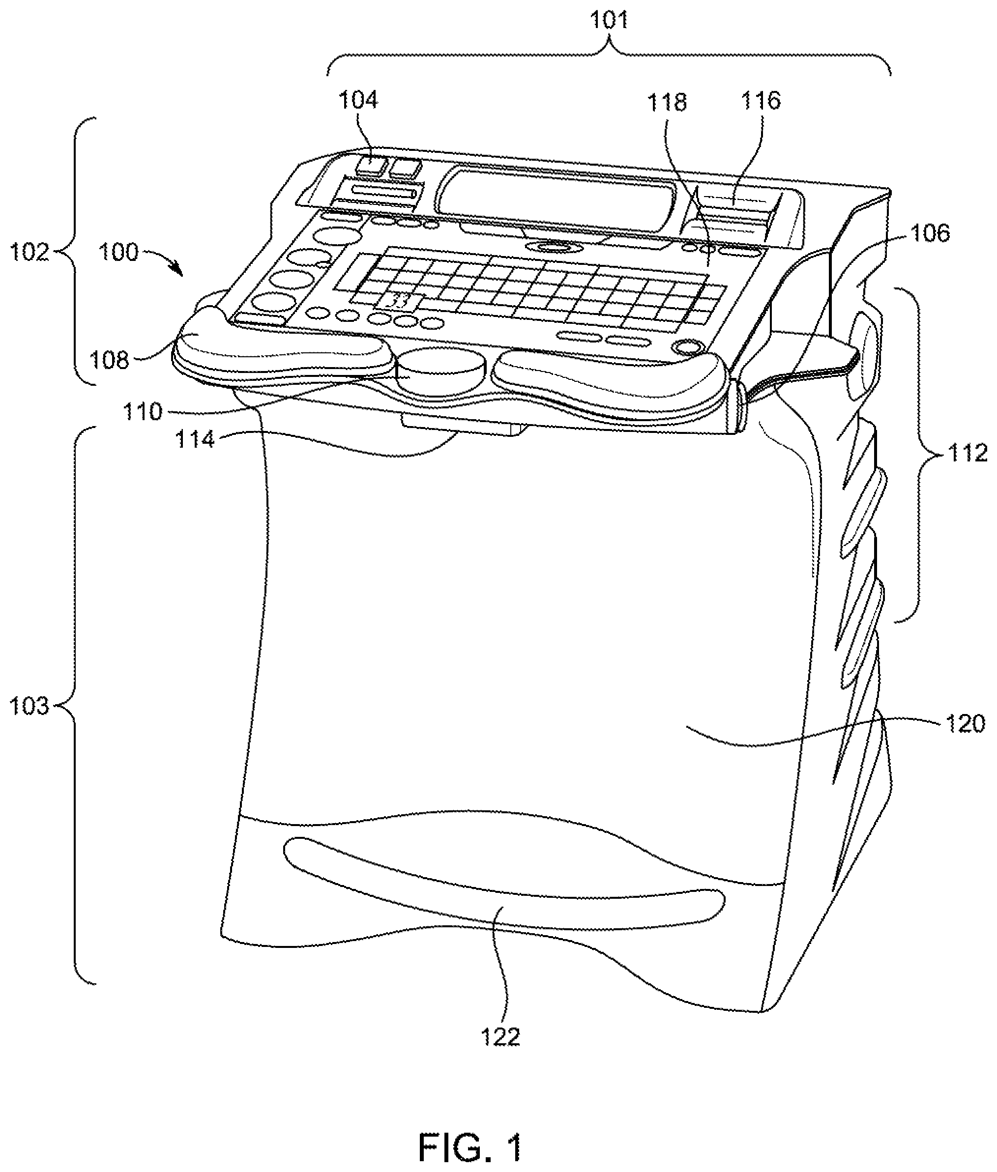 Patent US11854342 — Gaming cabinet with universal connection for mechanical game topper — Figure 1