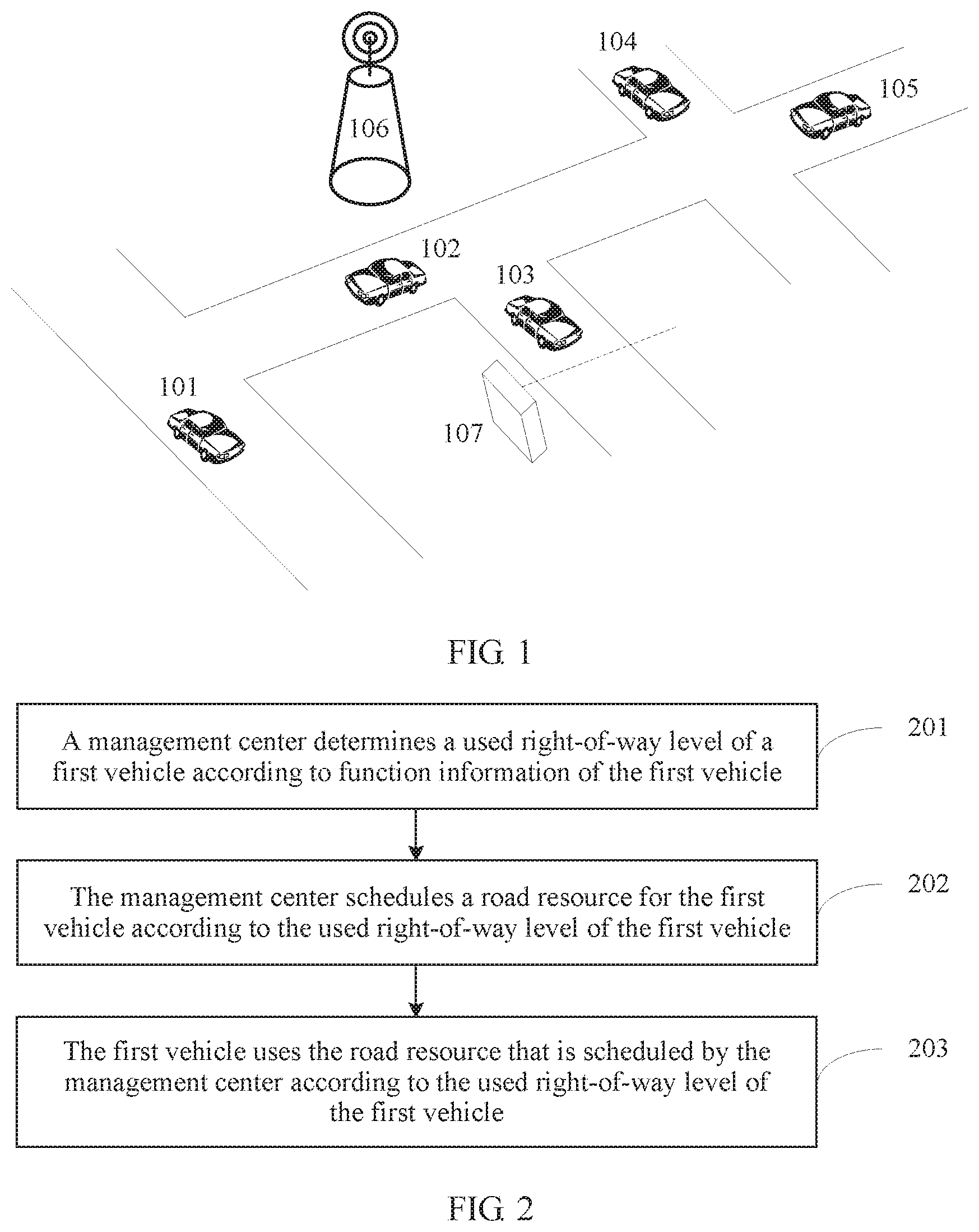 Patent US11854386 — Vehicle right-of-way management method and apparatus, and terminal — Figure 1