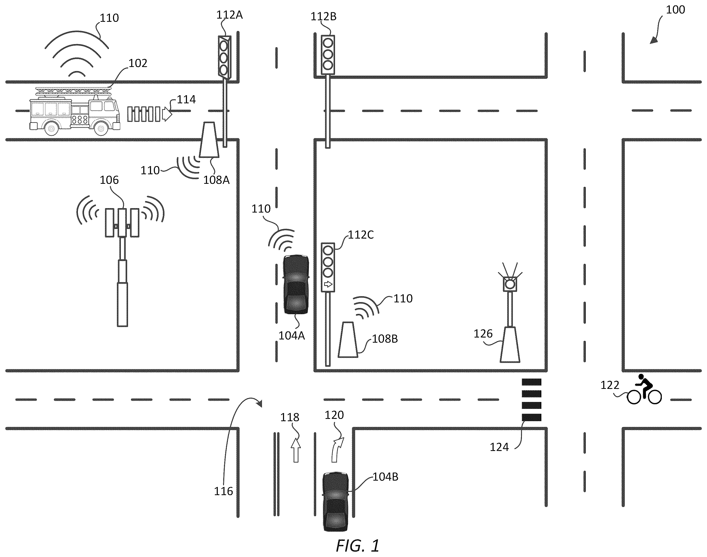 Patent US11854389 — Systems, methods, and devices for communication between traffic controller systems and mobile transmitters and receivers — Figure 1