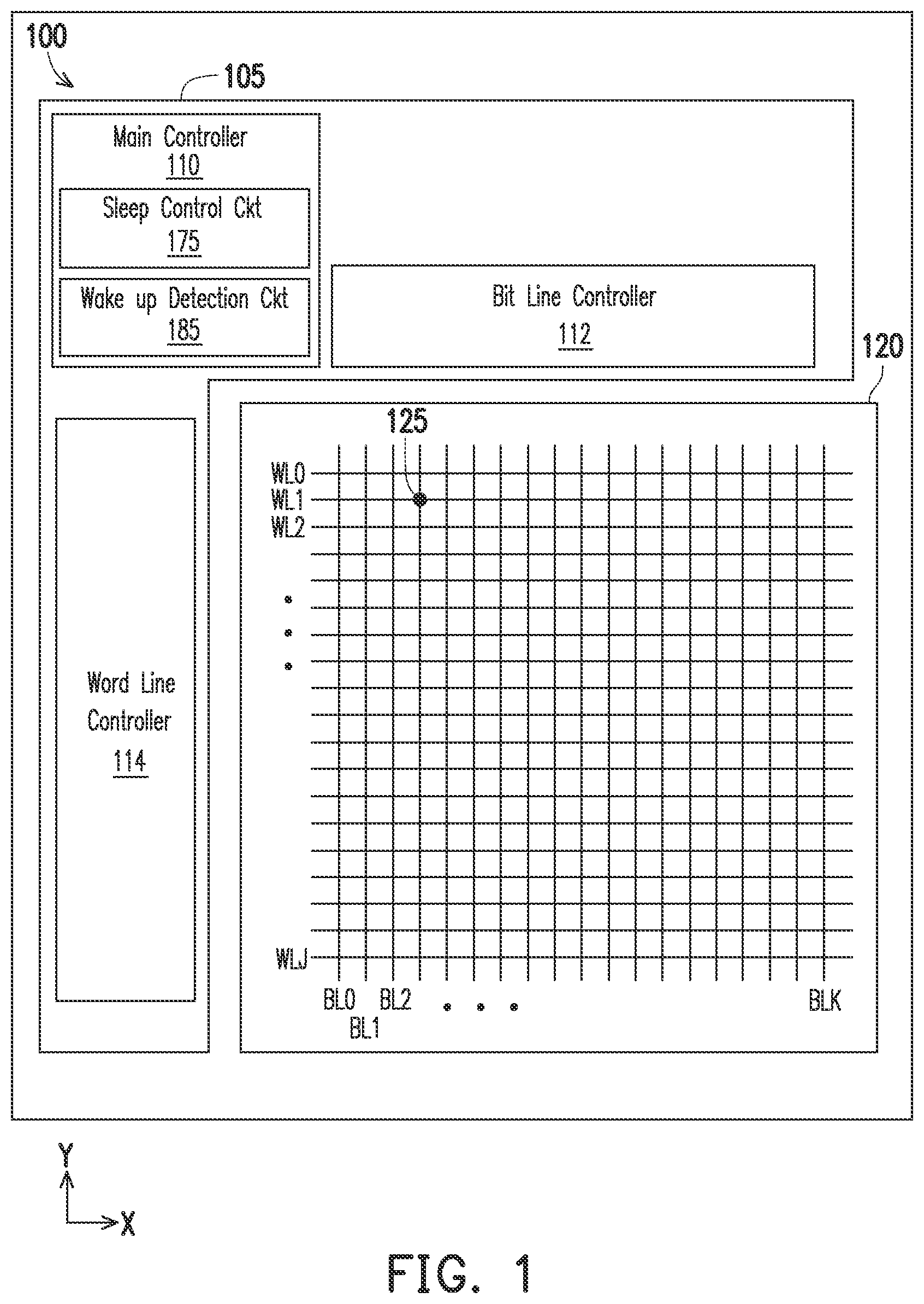 Patent US11854587 — Low power wake up for memory — Figure 1