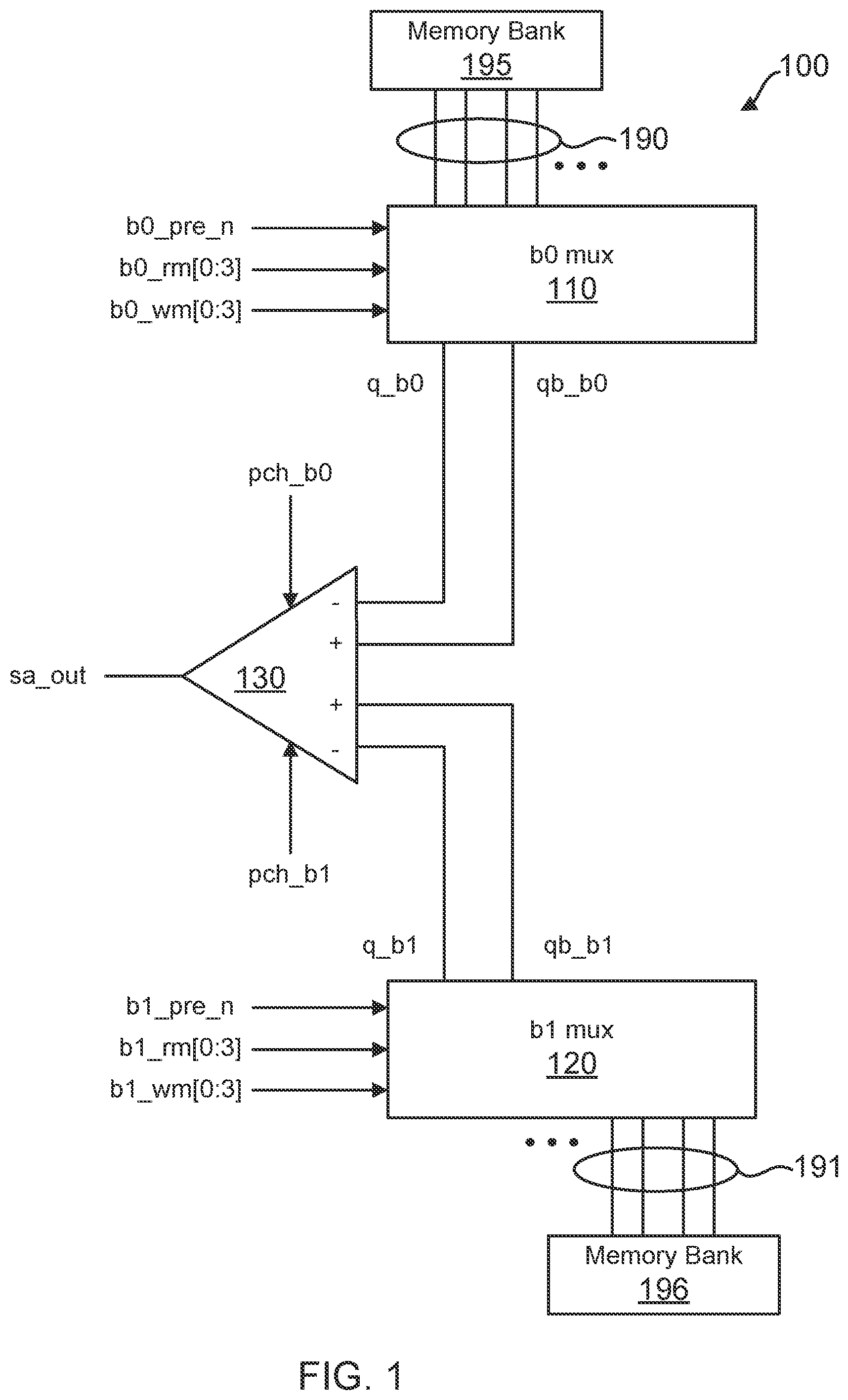 Patent US11854609 — Memory with reduced capacitance at a sense amplifier — Figure 1