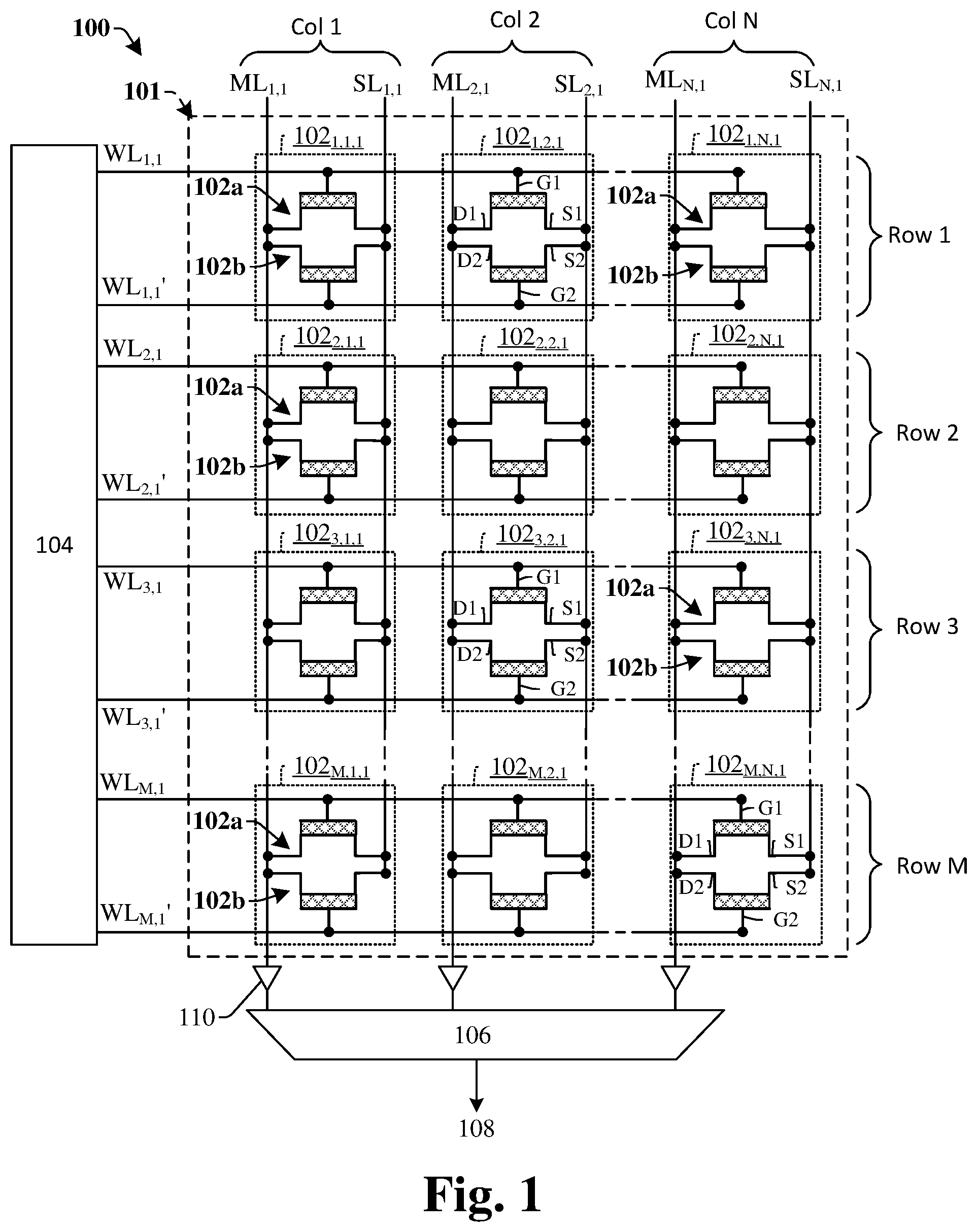Patent US11854619 — Memory device with content addressable memory units — Figure 1