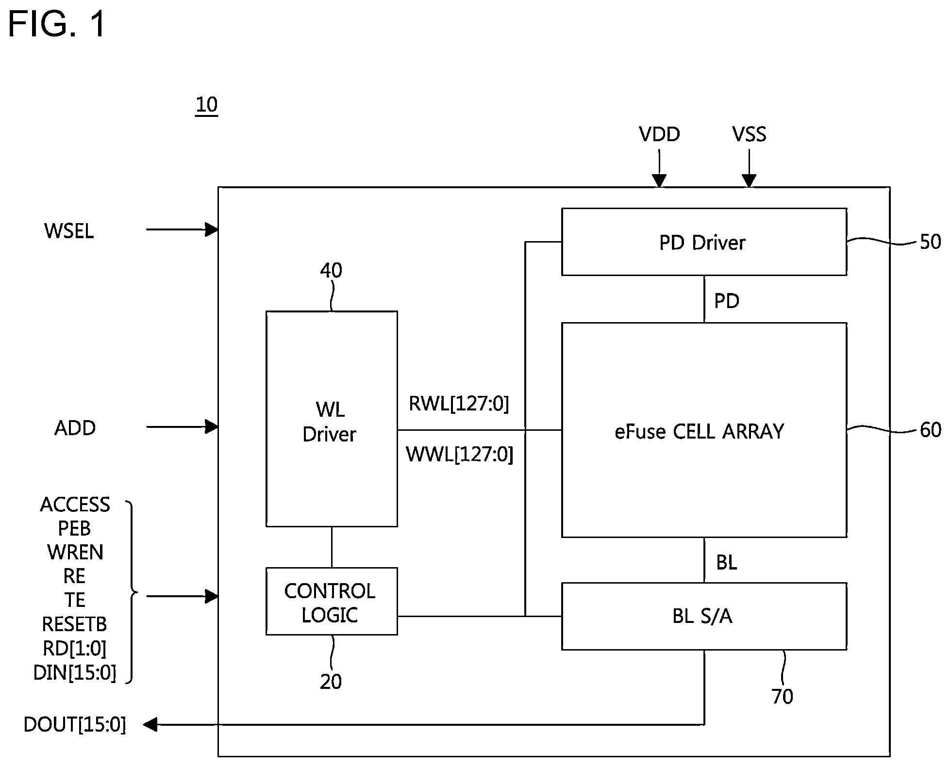 Patent US11854622 — Electrical fuse one time programmable (OTP) memory — Figure 1