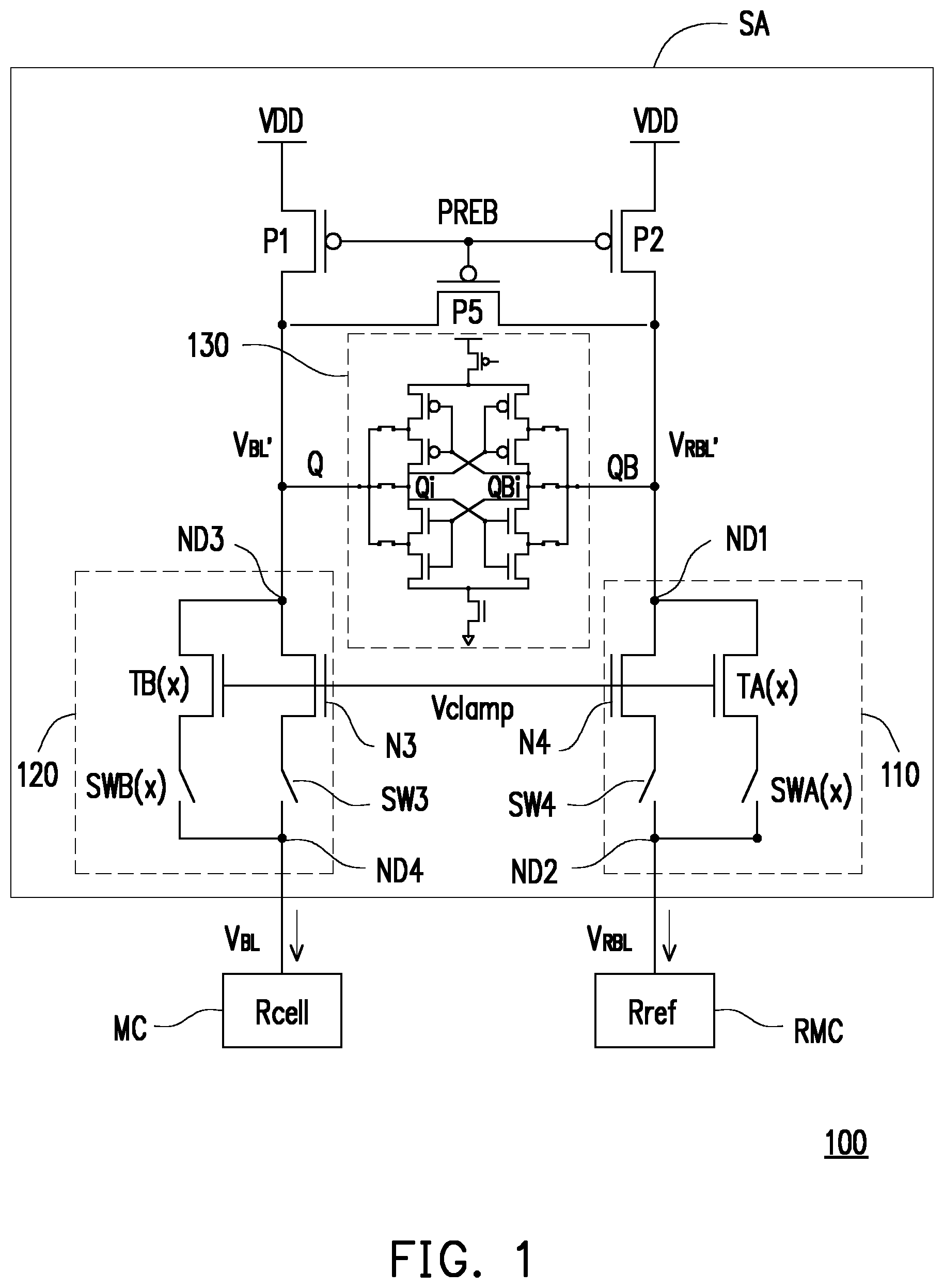 Patent US11854650 — Memory device, sense amplifier and method for mismatch compensation — Figure 1