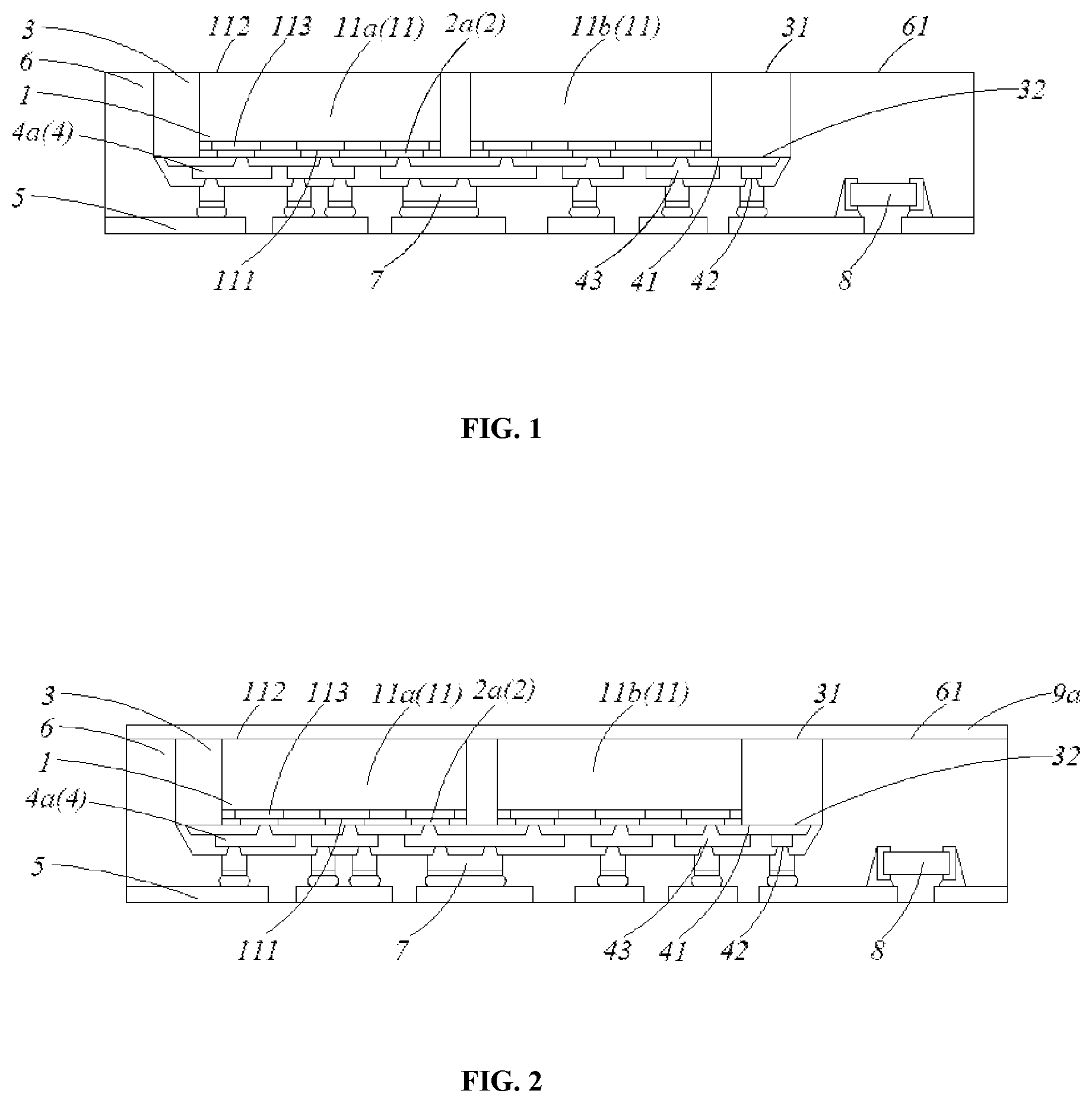 Patent US11854949 Figure 1 – Package structure having a plurality of chips attached to a lead frame by redistribution layer