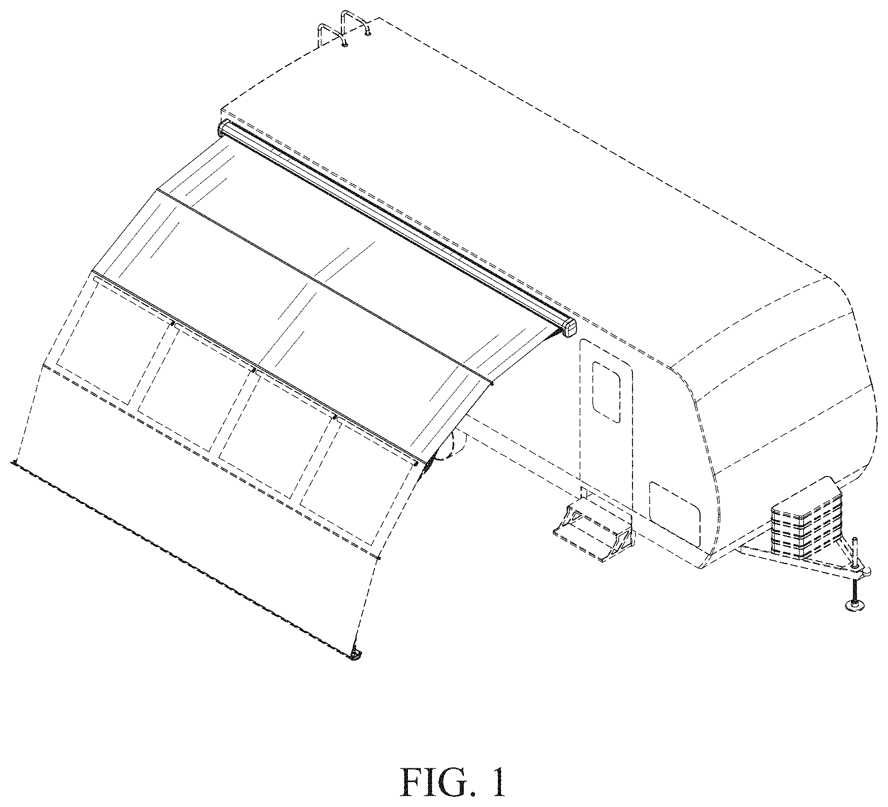 Patent USD1001714 — Retractable awning and partial room combination — Figure 1