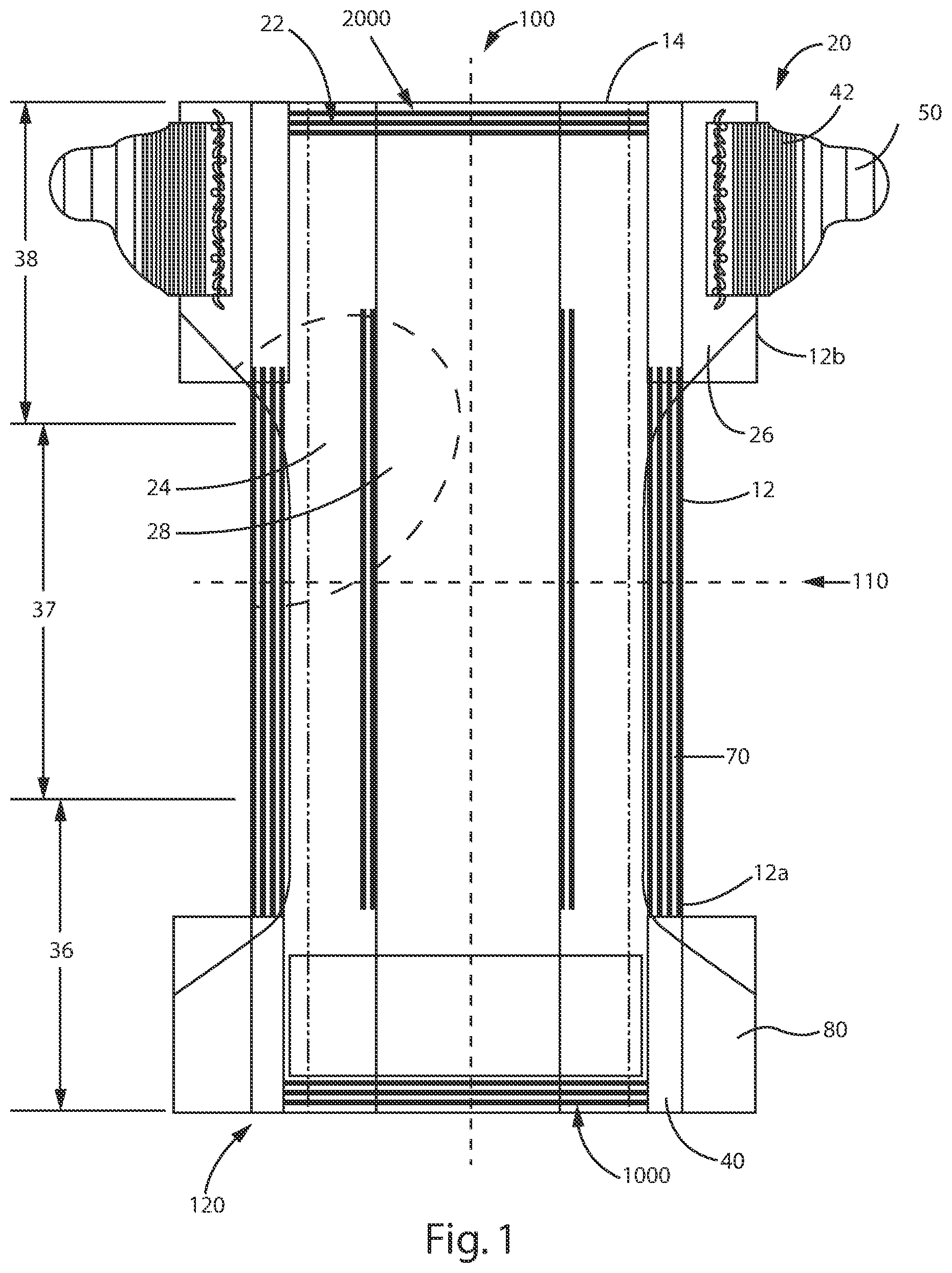 Patent US12090032 — Absorbent article with a waistband and leg cuffs having gathers — Figure 1