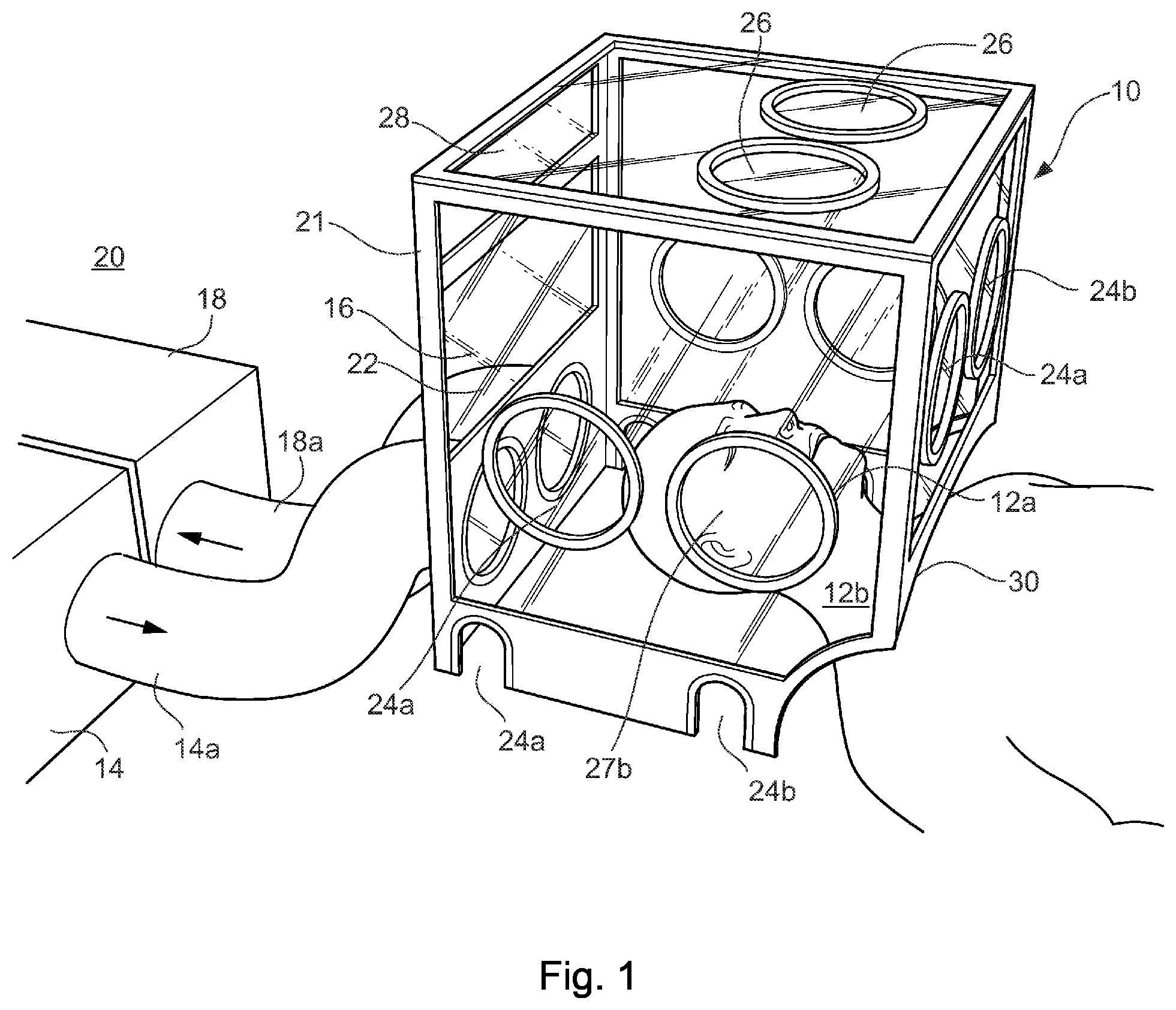 Patent US12090092 Figure 1 – Portable negative-pressure medical and dental isolation chamber and procedures of use