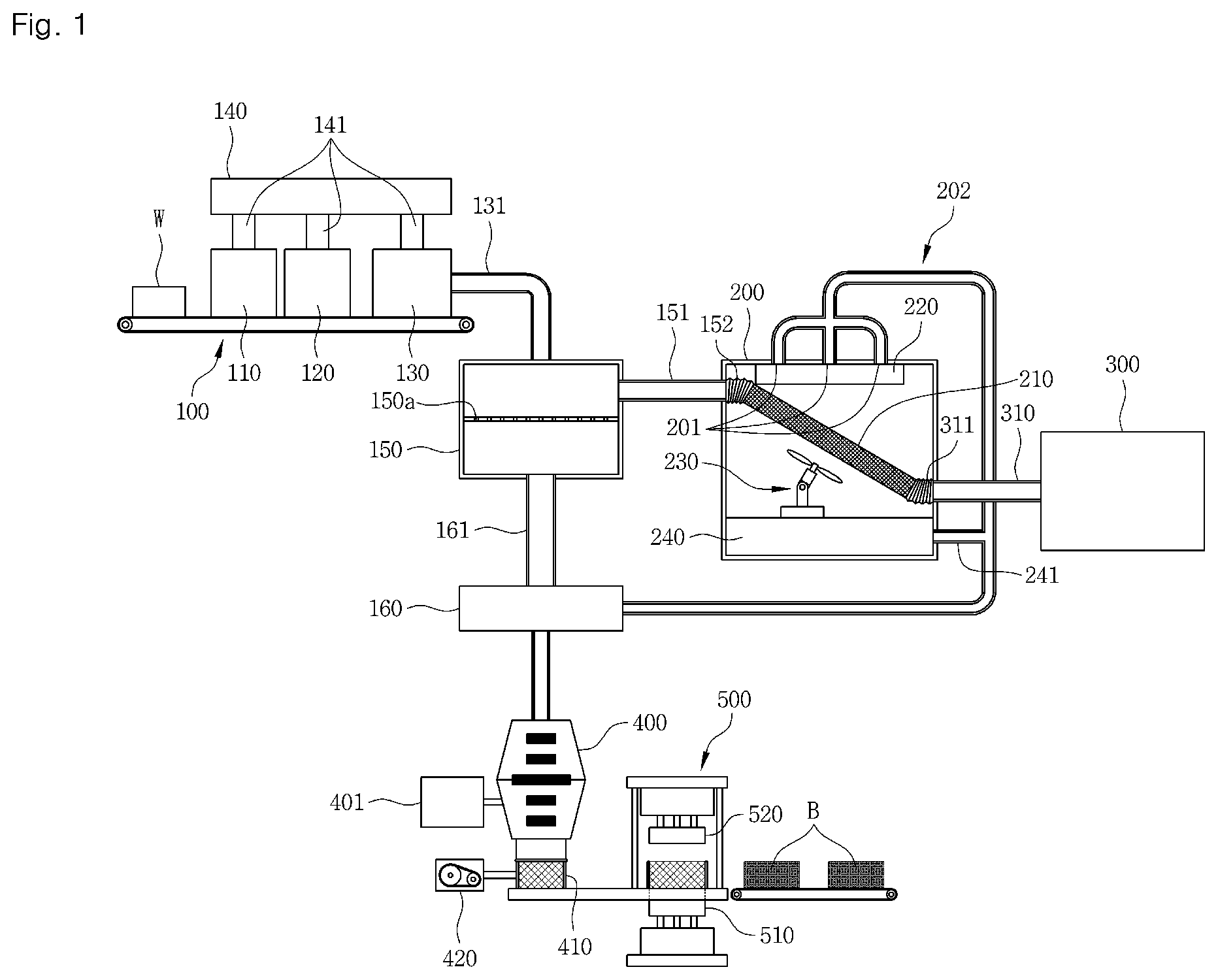 Patent US12090490 Figure 1 – Apparatus for processing waste battery