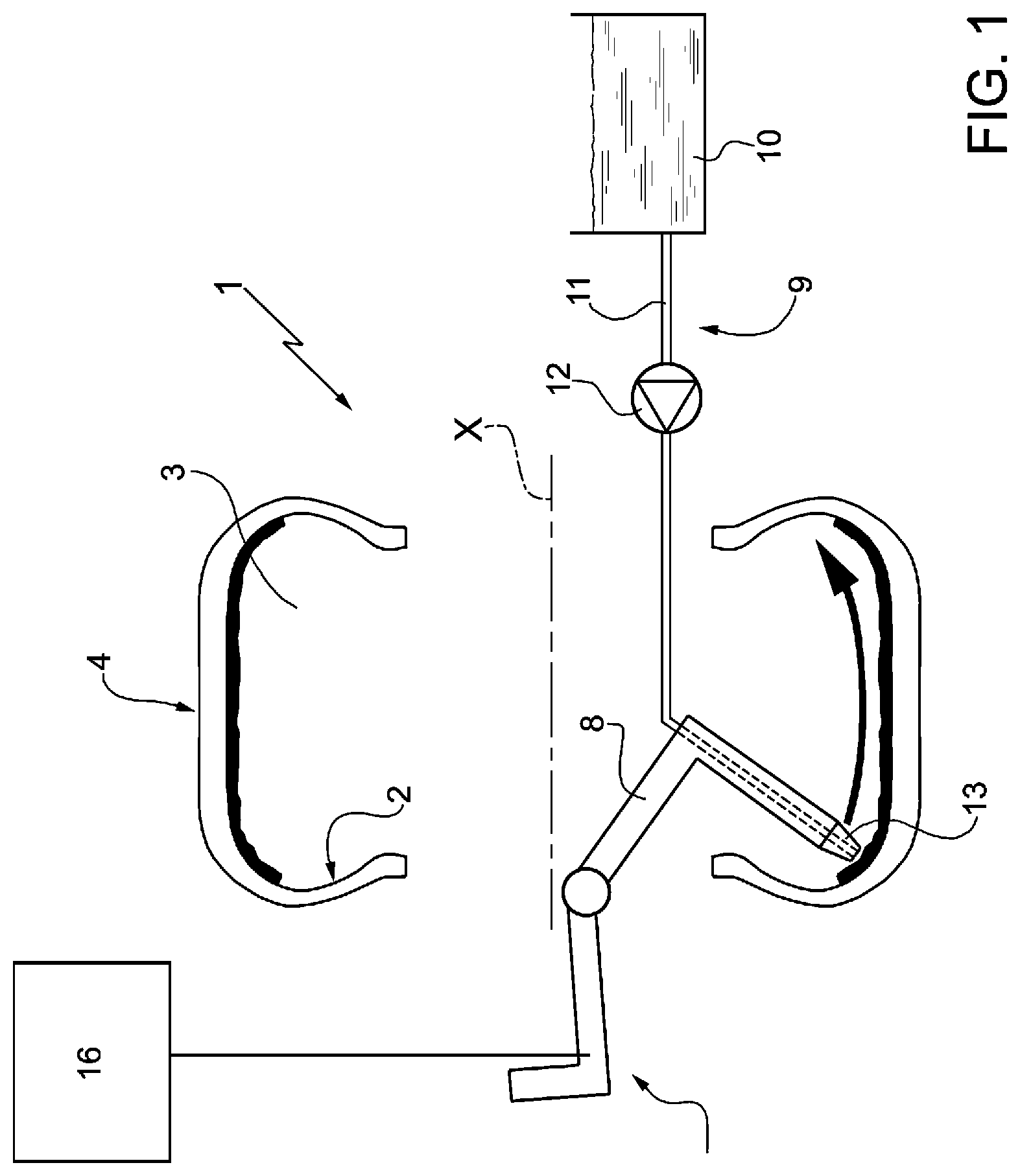 Patent US12090719 — Method and system for applying a sealing agent to the surface of an internal cavity of a pneumatic tire — Figure 1