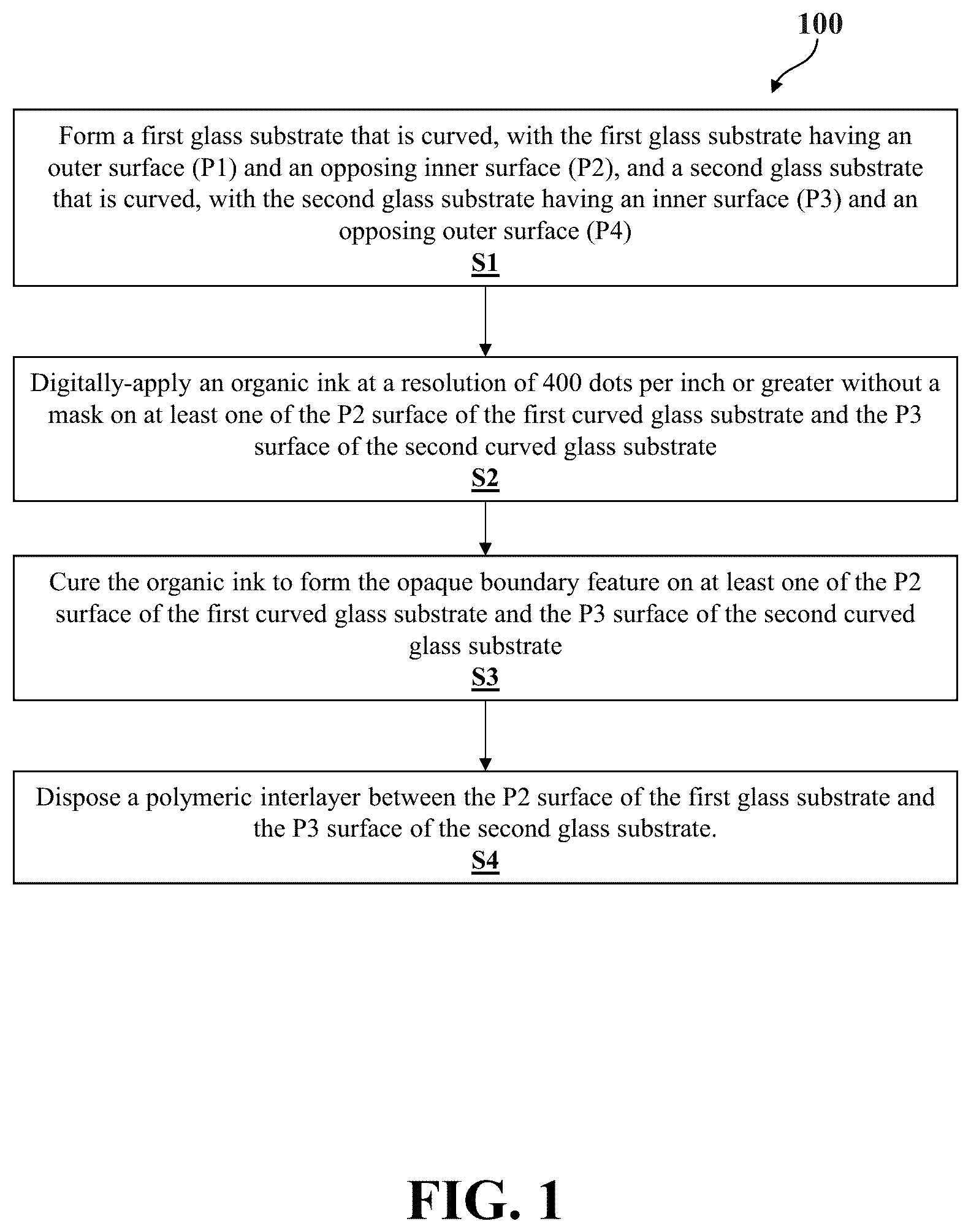 Patent US12090729 — Glass assembly including an opaque boundary feature and method of manufacturing thereof — Figure 1