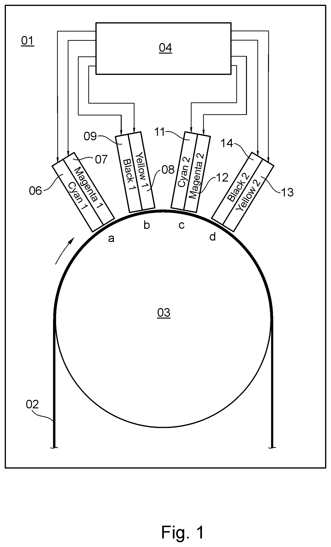 Patent US12090771 — Printing machine comprising a plurality of inkjet print heads arranged together in a printing unit — Figure 1