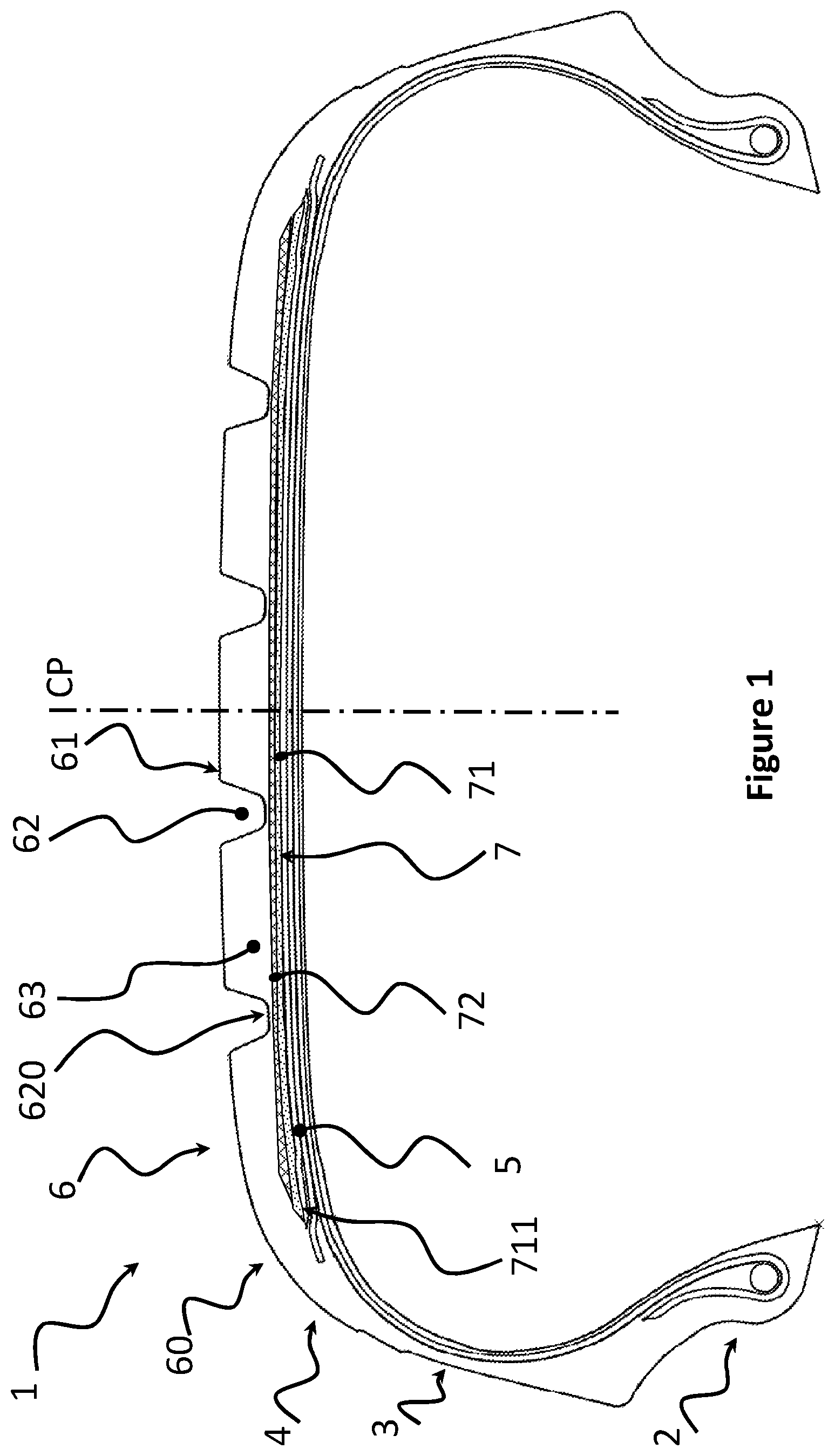 Patent US12090790 — Tire with a tread sub-layer containing multiple materials — Figure 1