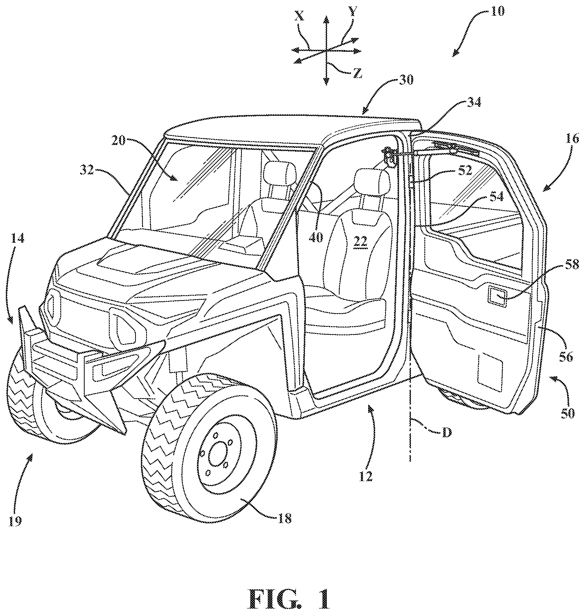 Patent US12090822 — Utility vehicle door travel control system — Figure 1