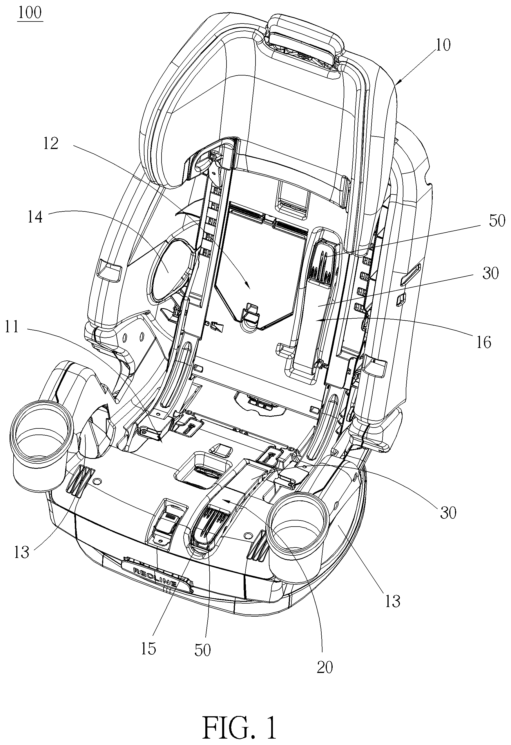 Patent US12090899 — Safety belt fastening device and child safety seat therewith — Figure 1