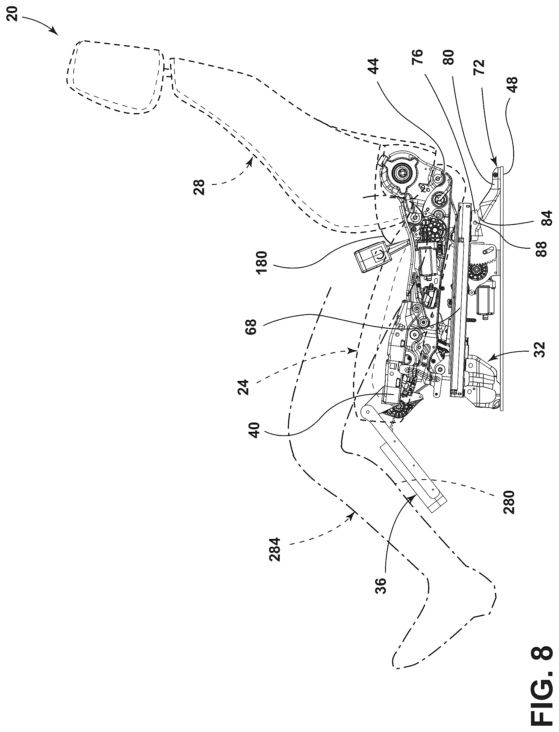 Patent US12090905 Figure 8 – Vehicle seating assembly with lower leg support