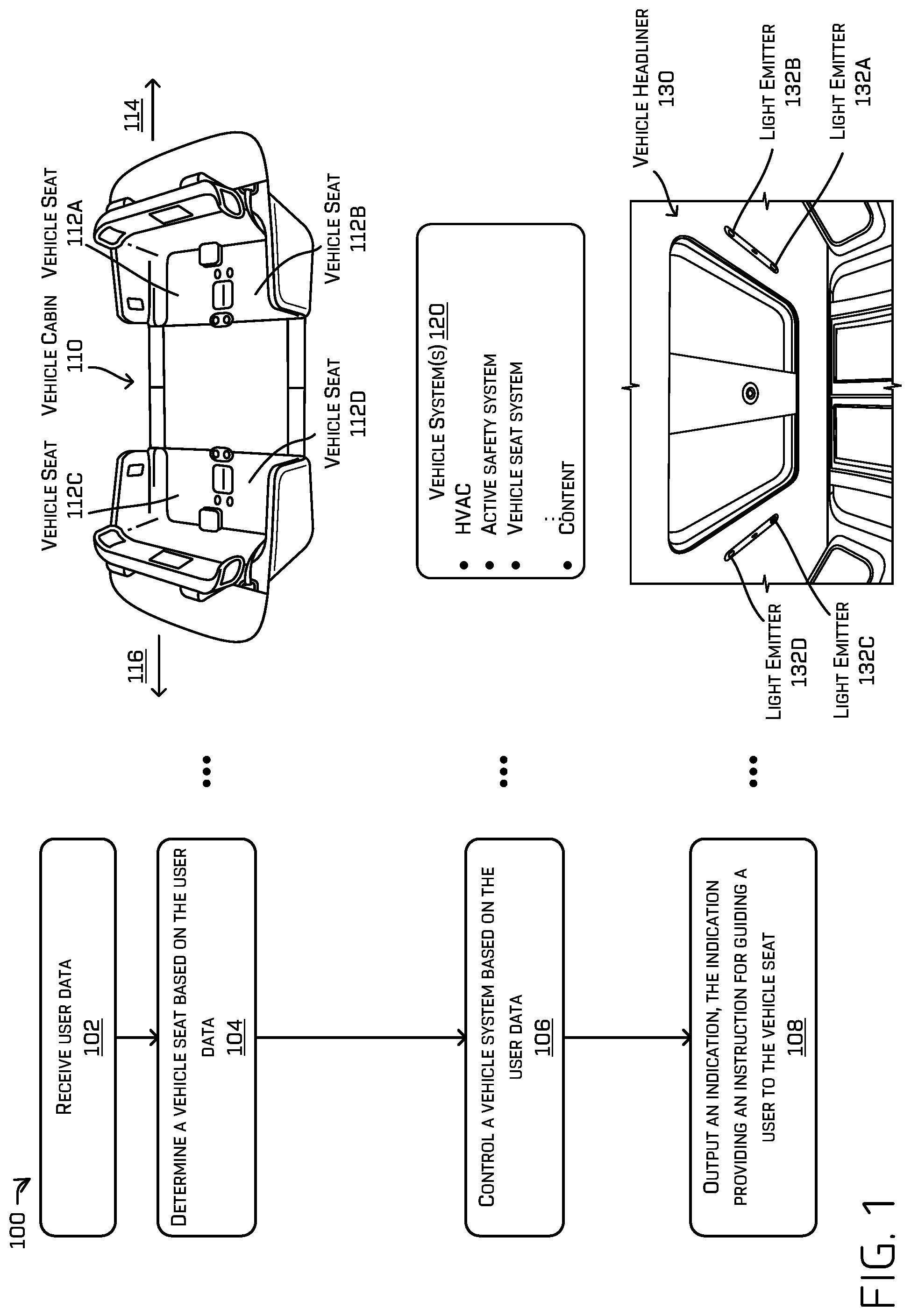 Patent US12090923 Figure 1 – Methods and systems for providing visual and audio guidance to a vehicle user