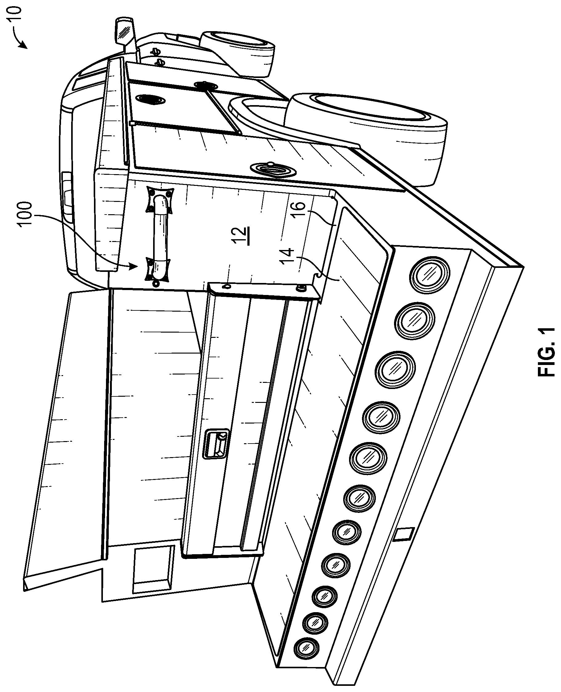 Patent US12090932 — Vehicle grab handle with integral handwash/eye wash fixtures — Figure 1