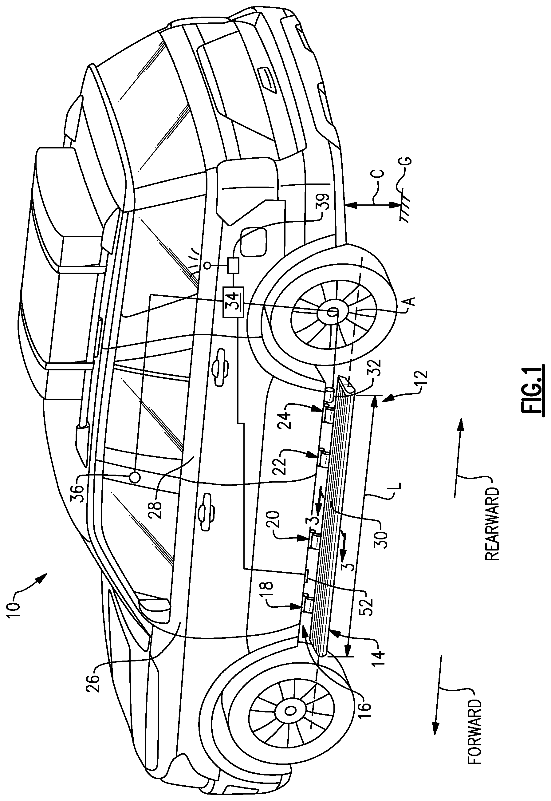 Patent US12090959 Figure 1 – Techniques for adjusting vehicle running board position