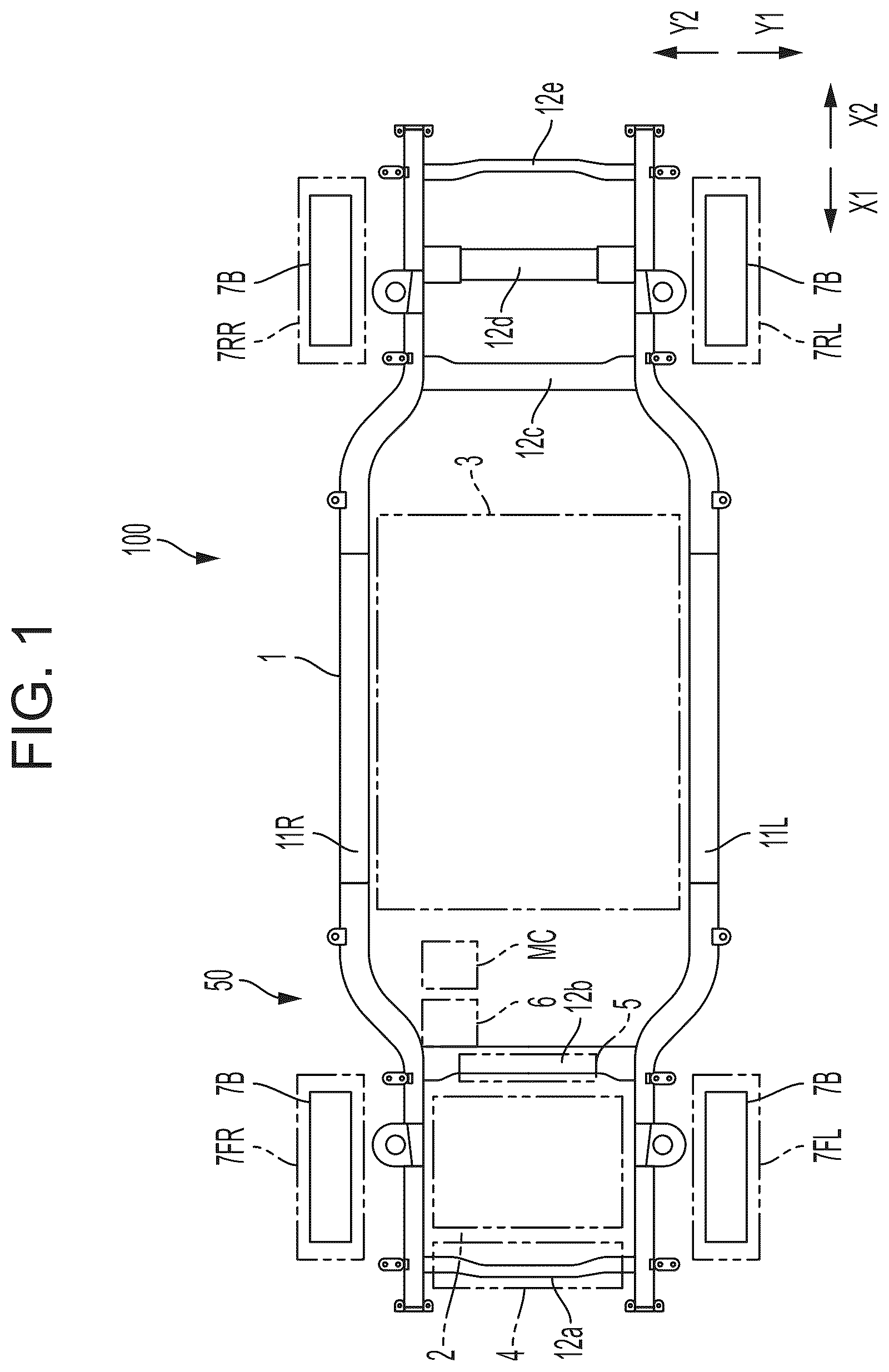 Patent US12090976 — Front structure of body-on-frame vehicle and method of replacing brake actuator — Figure 1