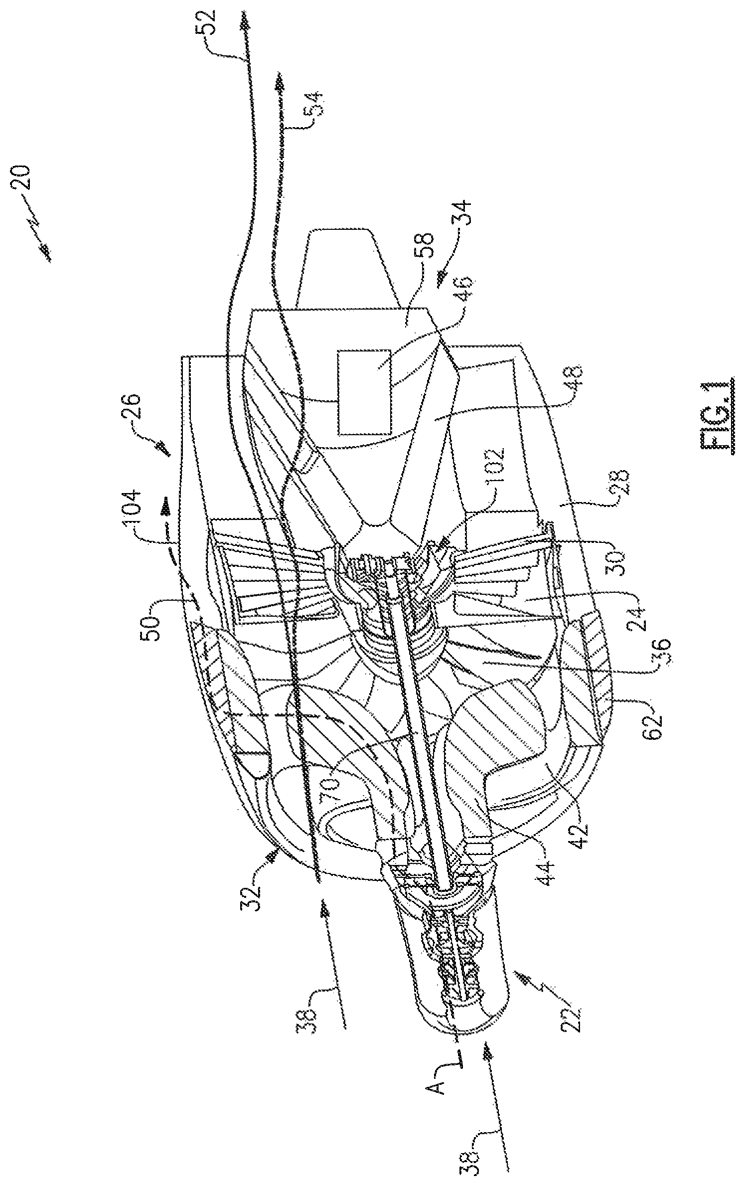 Patent US12092022 Figure 1 – Forward mounted hydrogen steam injected and inter-cooled turbine engine with octopus ducting