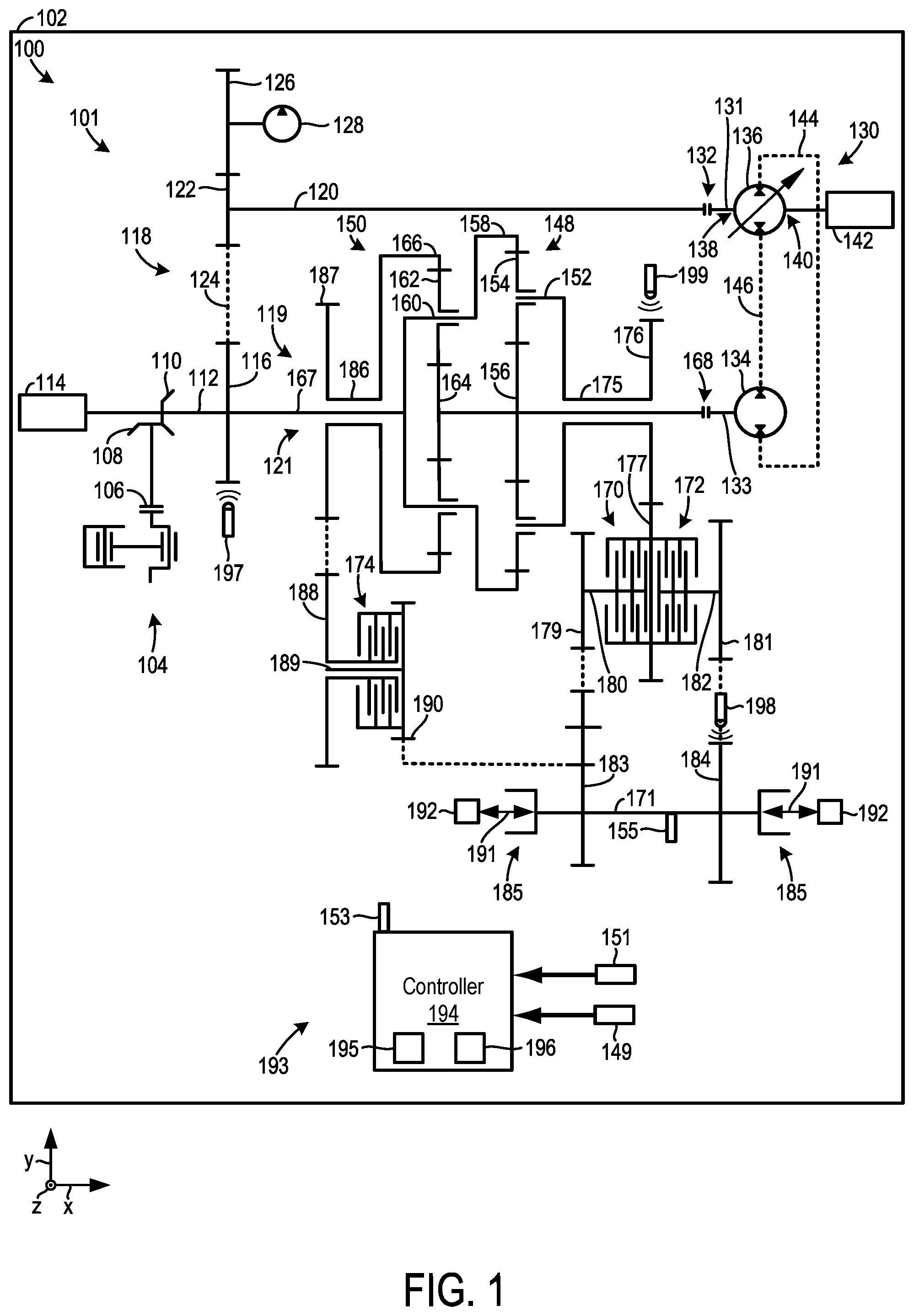 Patent US12092209 — Hydromechanical transmission and control method — Figure 1