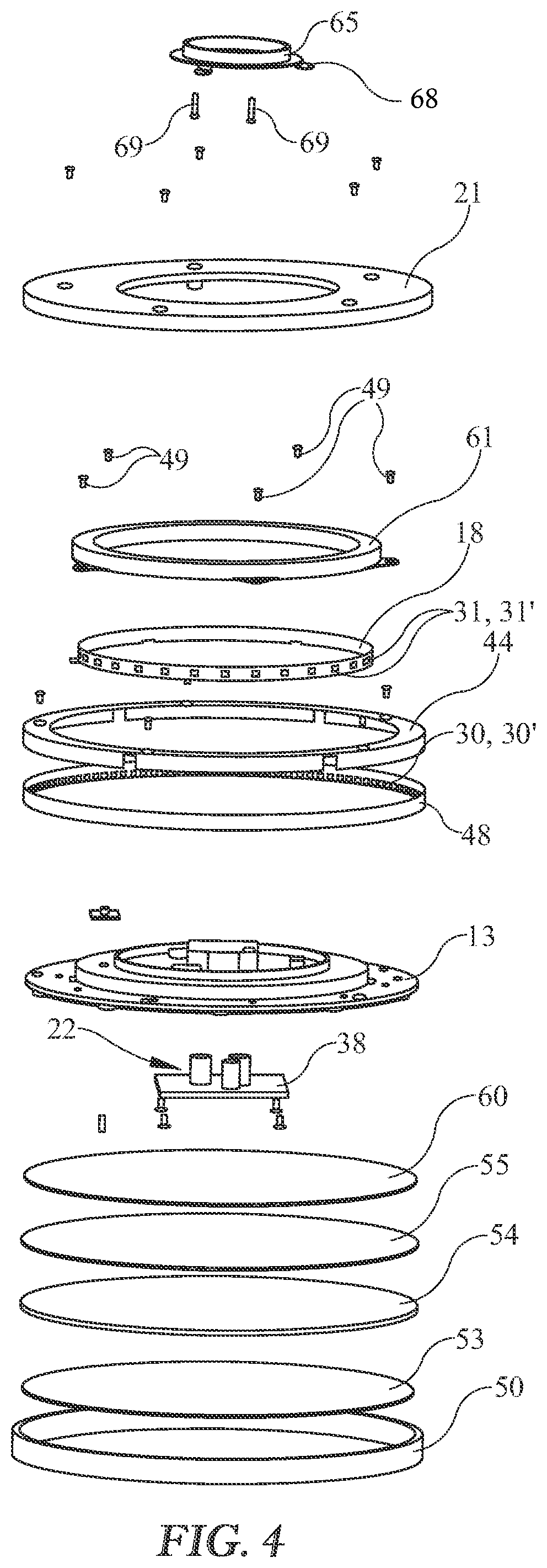 Patent US12092302 Figure 2 – LED light fixture with downlight and upper light sources