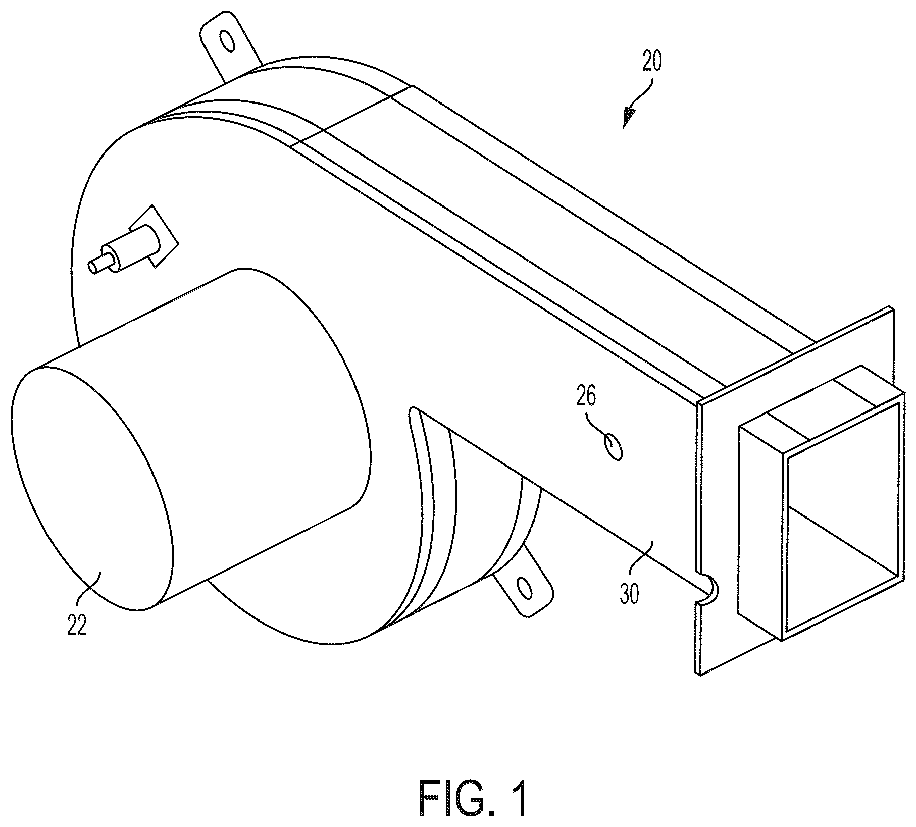 Patent US12092369 — Combustion air blower with embossed housing — Figure 1