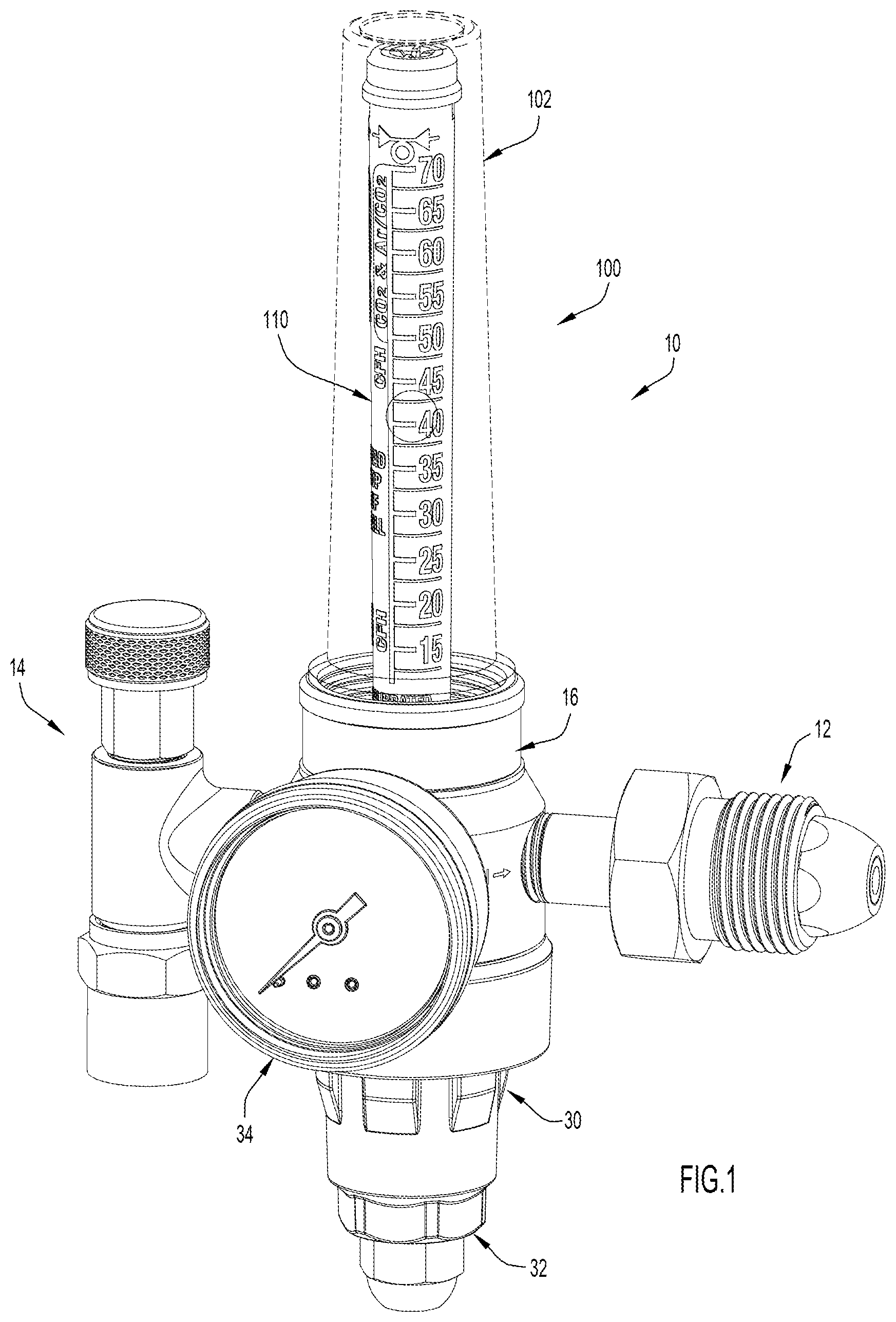 Patent US12092486 Figure 1 – Flow gauge and flow gauge scale assembly