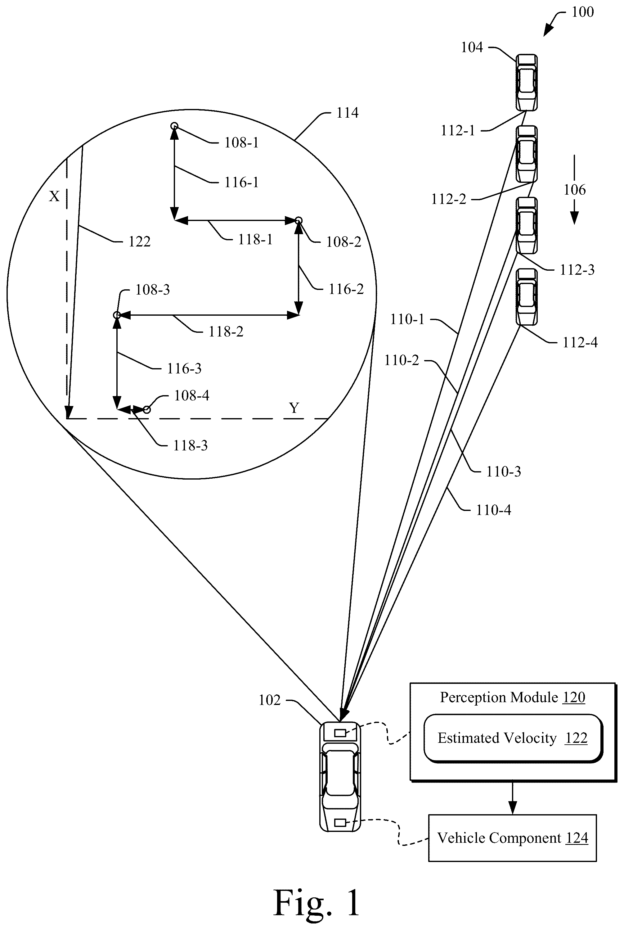 Patent US12092723 Figure 1 – Target-velocity estimation using position variance
