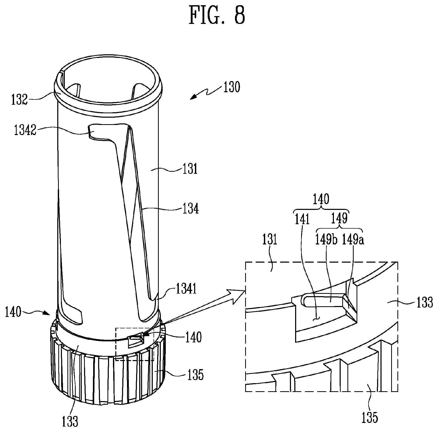 Patent US12096837 Figure 8 – Cosmetic container