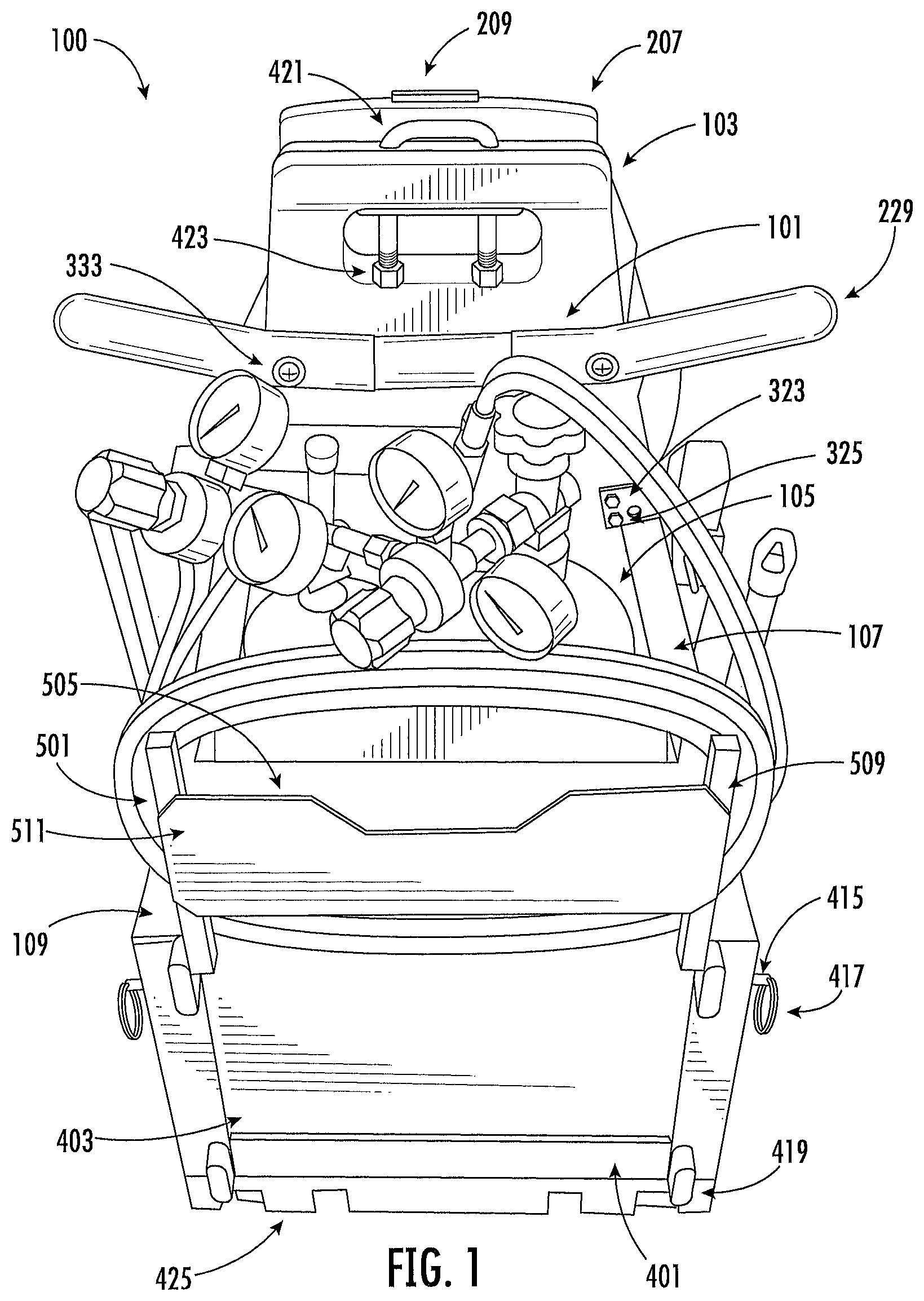 Patent US12096841 Figure 1 – Tank carrier with backpack straps and dolly